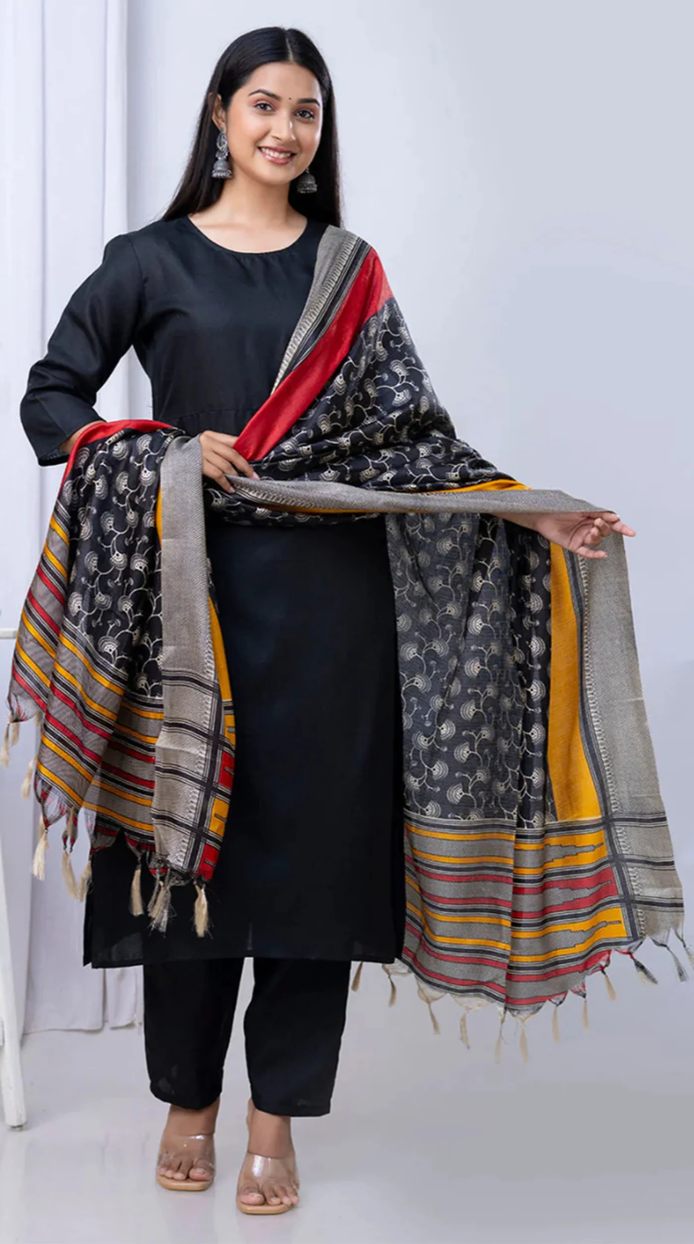 Black Cotton Printed Dupatta Suit Set - Image 3