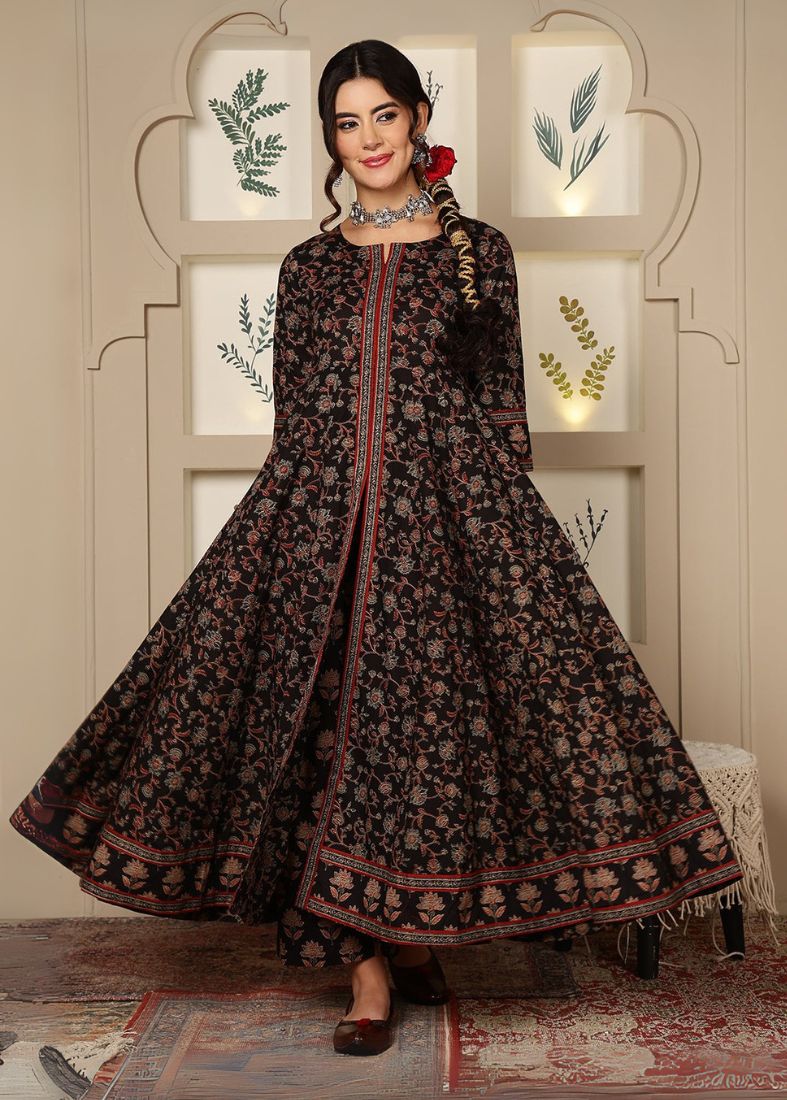 Black Cotton Printed Front Slit Suit Set - Image 2