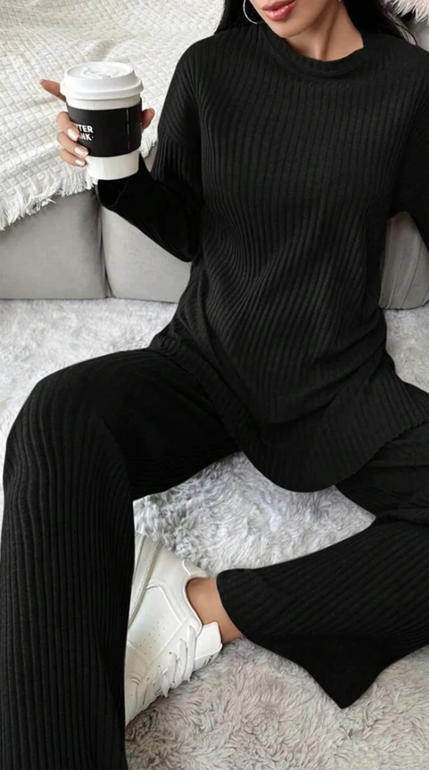Black Cotton Ribbed Co-Ord Set - Image 2