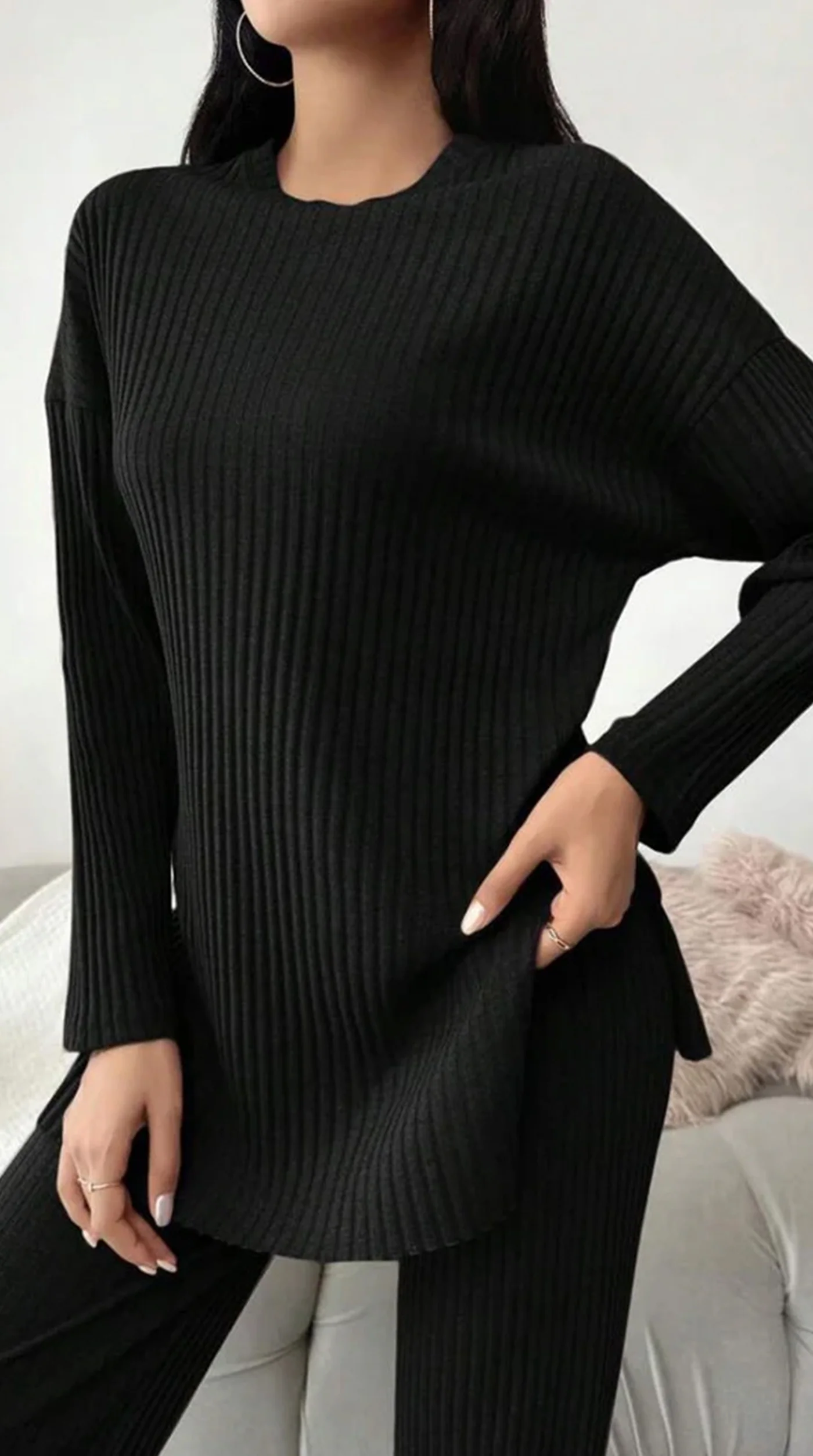 Black Cotton Ribbed Co-Ord Set - Image 4