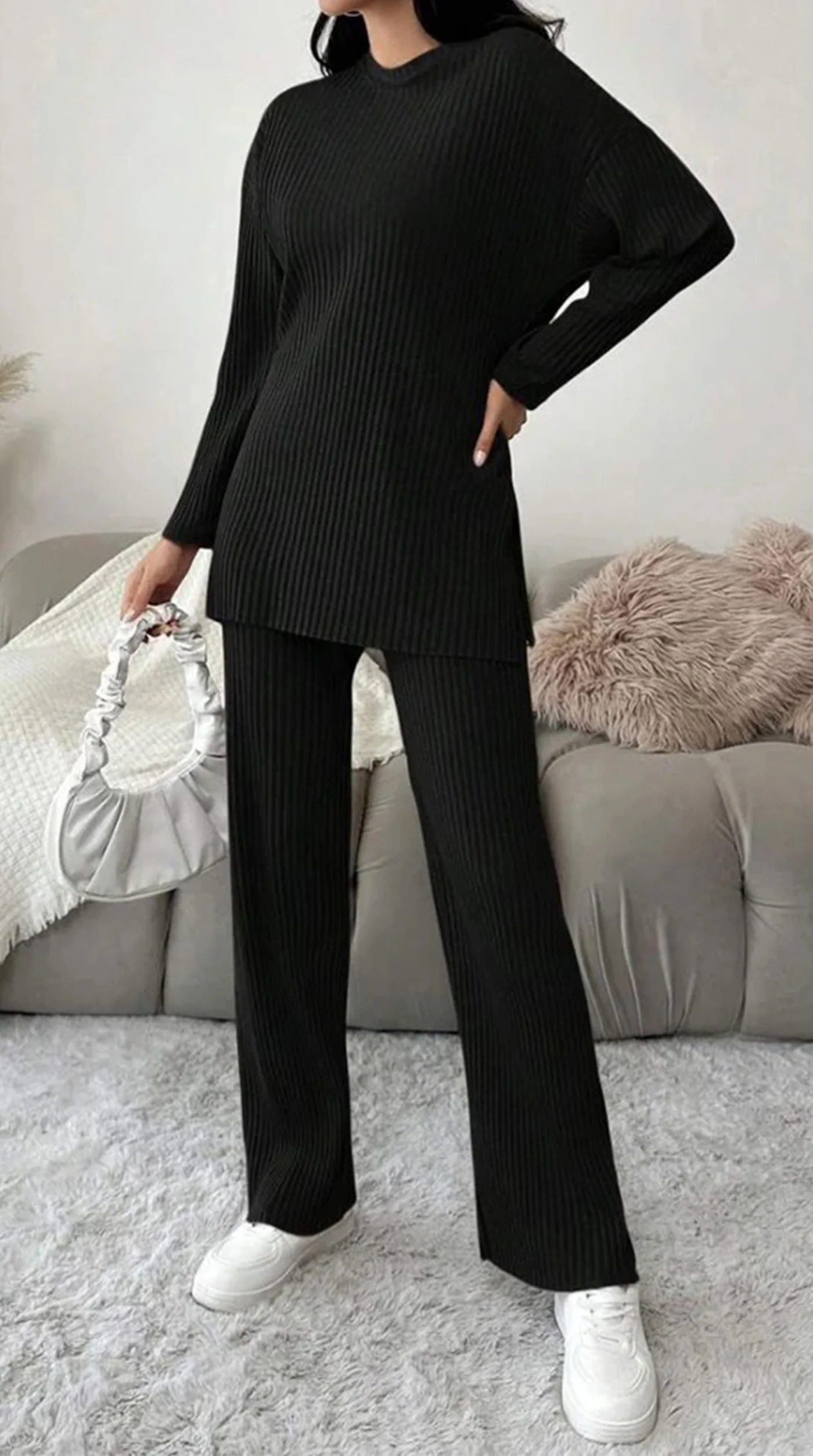 Black Cotton Ribbed Co-Ord Set - Image 5
