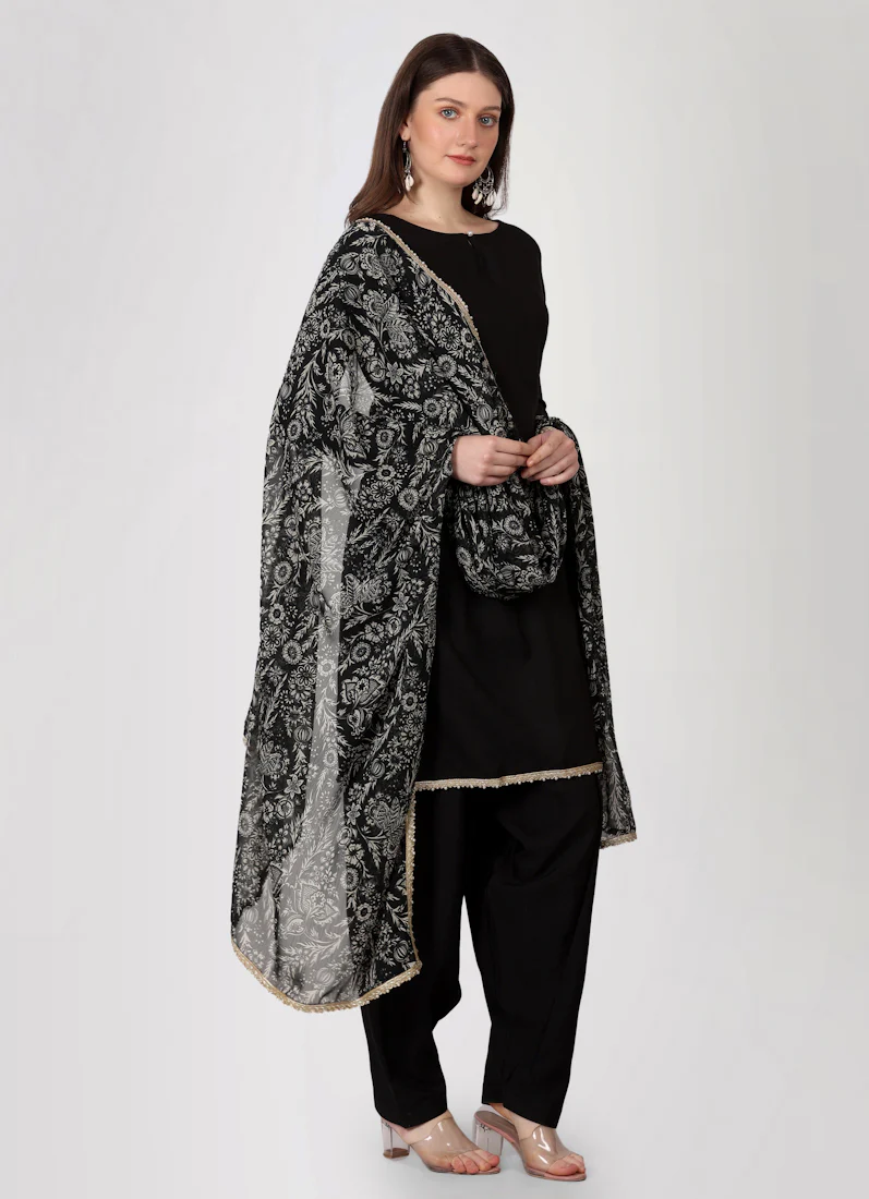 Black Crepe Printed Dupatta Suit Set - Image 2