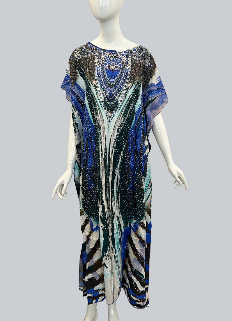 Black Digital Printed Kaftan With Silver Stone Embroidery - Image 2