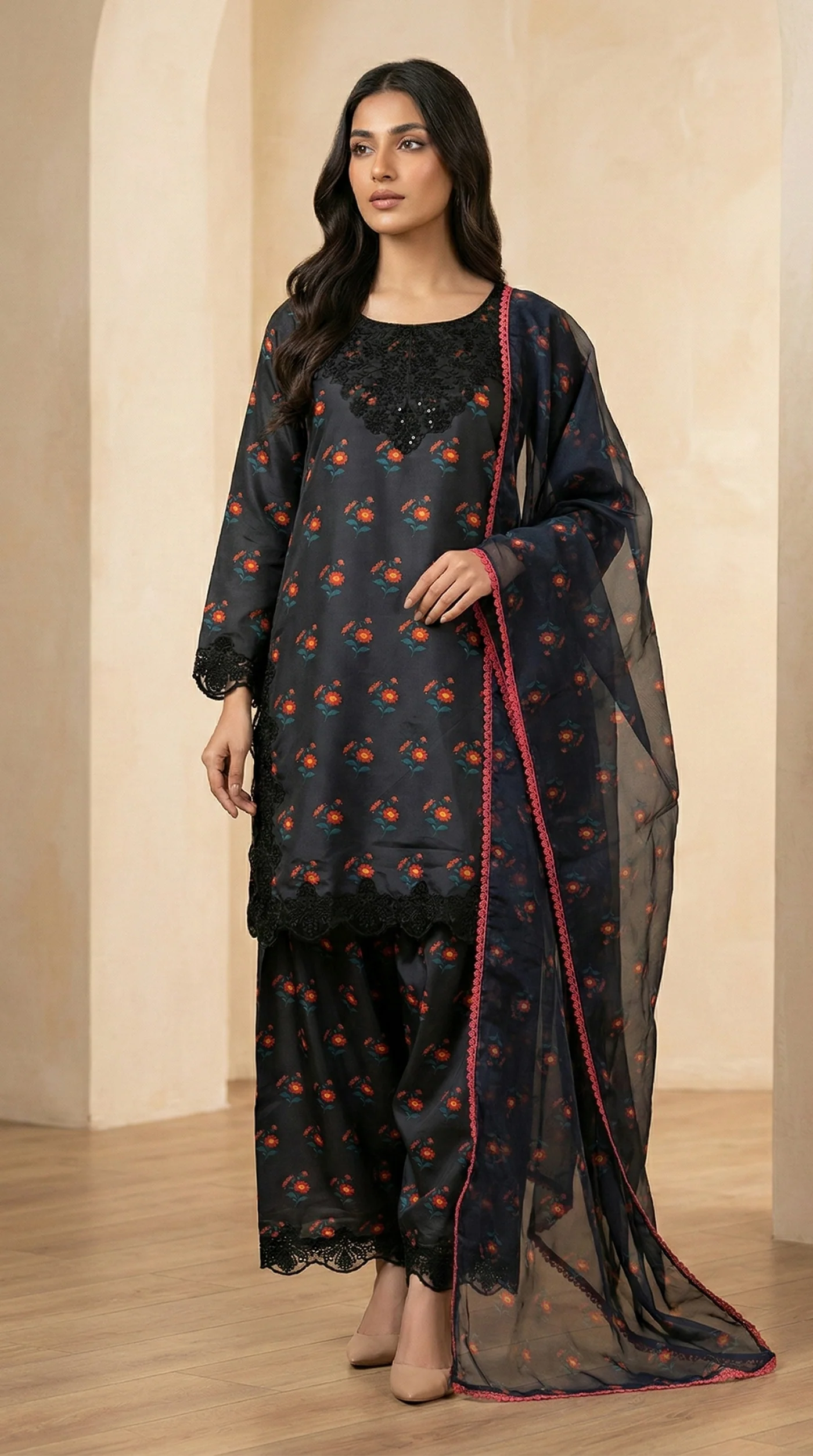 Black Farshi Salwar Suit with Embroidered Lace & Black Organza Dupatta - Image 2
