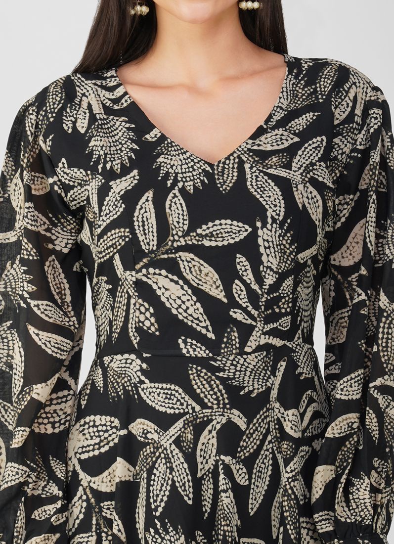 Black Foliage Print Long Dress - Image 3