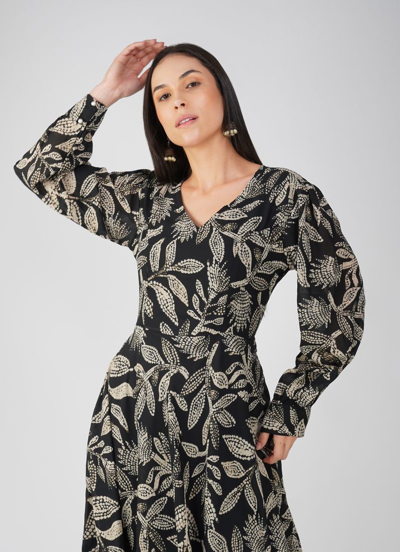 Black Foliage Print Long Dress - Image 4