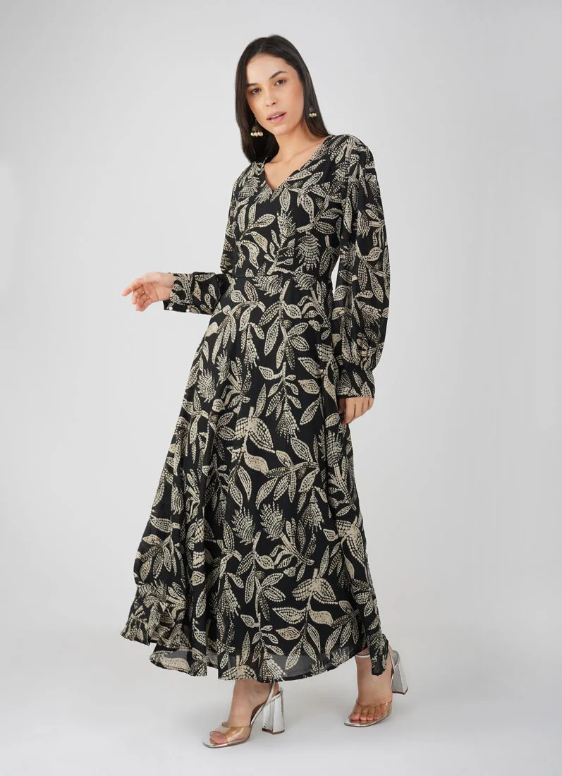 Black Foliage Print Long Dress - Image 5