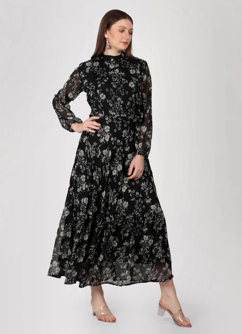 Black Georgette Band Collar Neckline Dress - Image 3