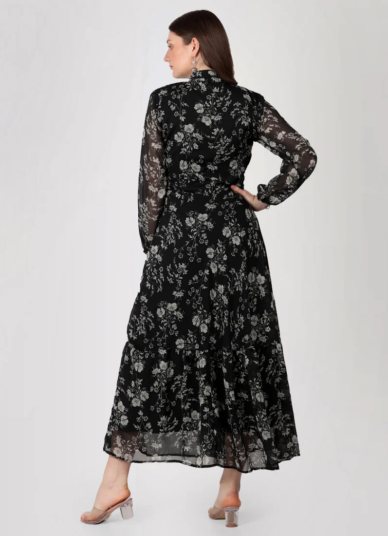Black Georgette Band Collar Neckline Dress - Image 4