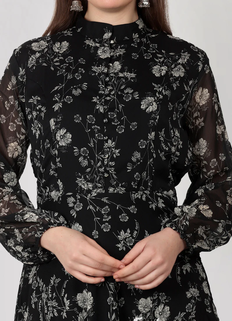 Black Georgette Band Collar Neckline Dress - Image 5