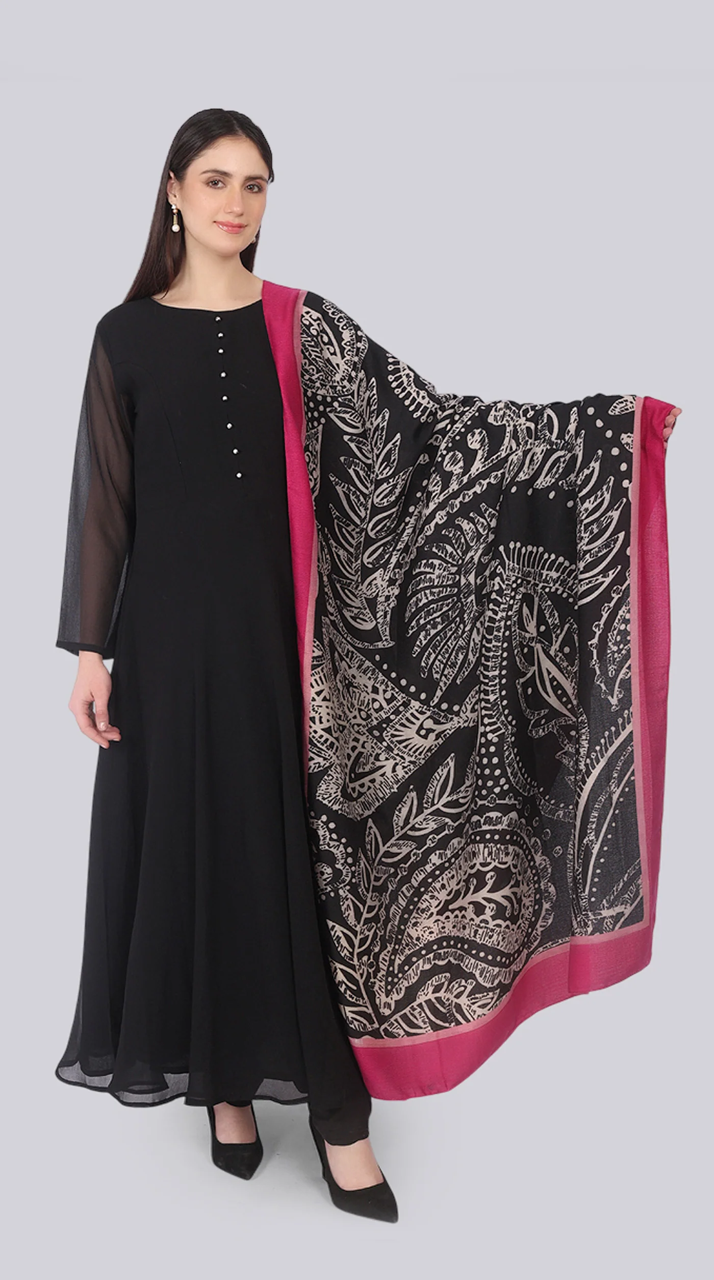 Black Georgette Bias-Cut Suit Set with Botanical Silk Dupatta - Image 2