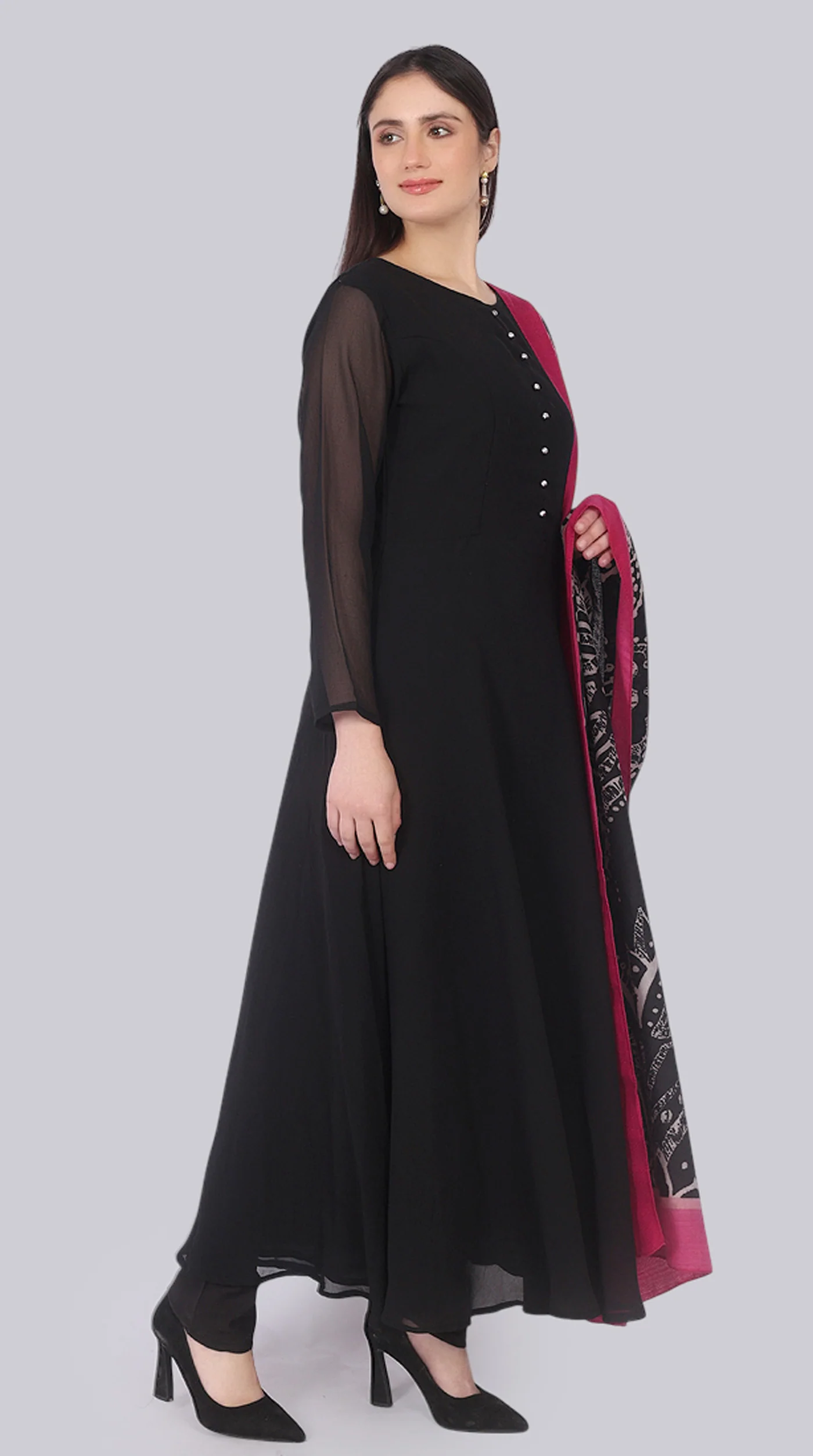 Black Georgette Bias-Cut Suit Set with Botanical Silk Dupatta - Image 3