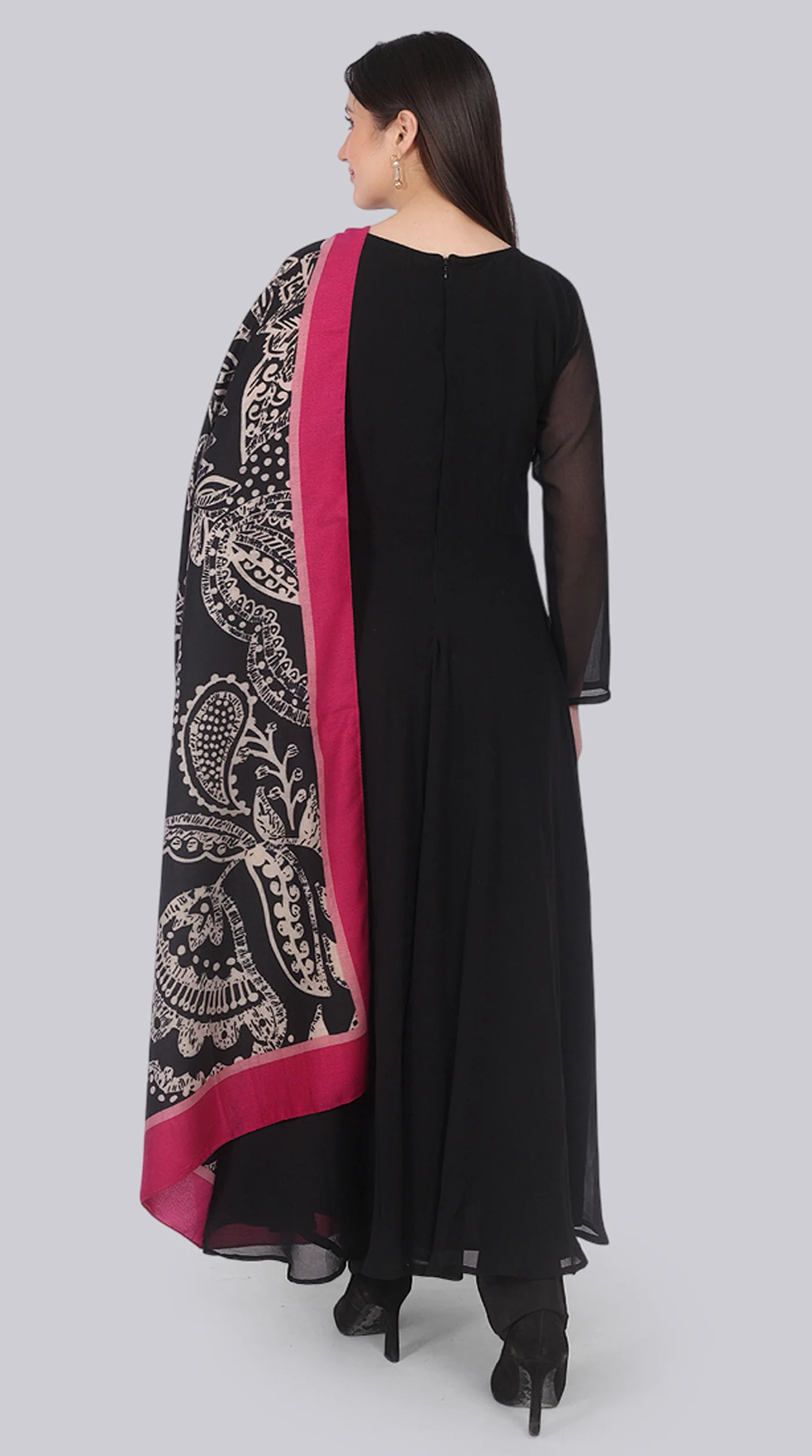 Black Georgette Bias-Cut Suit Set with Botanical Silk Dupatta - Image 6
