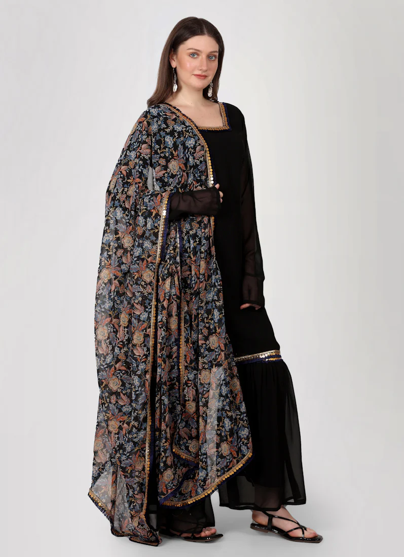 Black Georgette Gharara Printed Dupatta Suit Set - Image 2