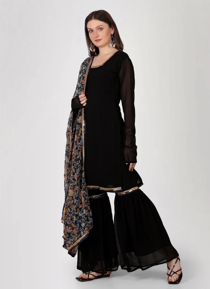 Black Georgette Gharara Printed Dupatta Suit Set - Image 3