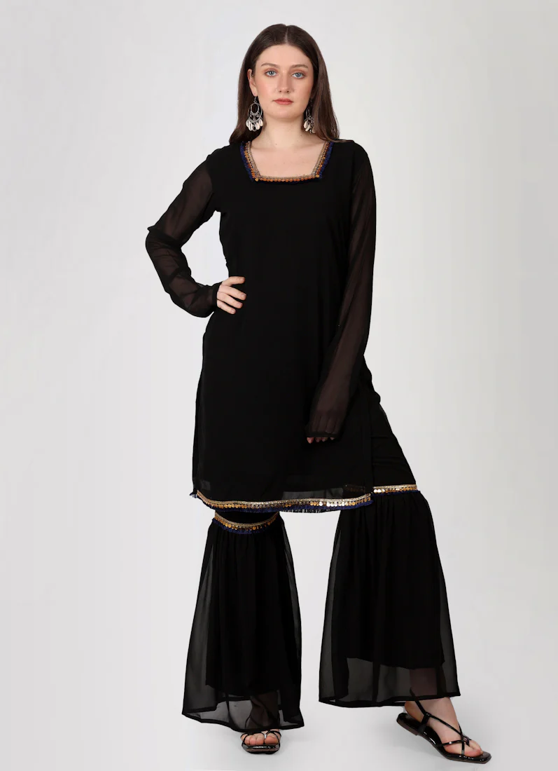 Black Georgette Gharara Printed Dupatta Suit Set - Image 5