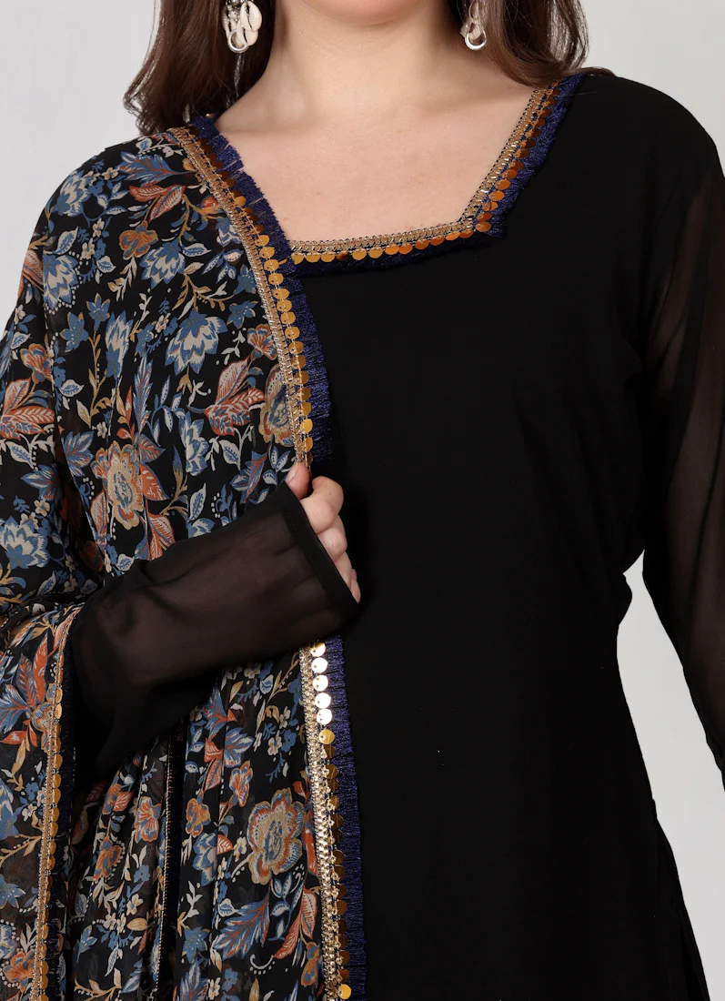 Black Georgette Gharara Printed Dupatta Suit Set - Image 6