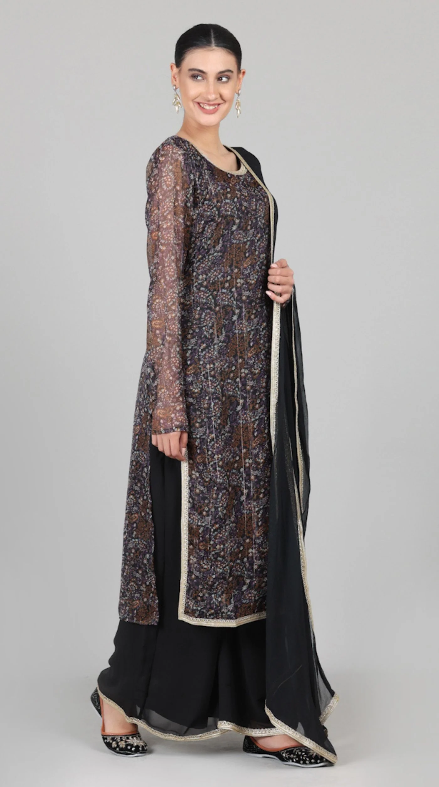 Black Georgette Lurex Palazzo Suit Set - Image 2
