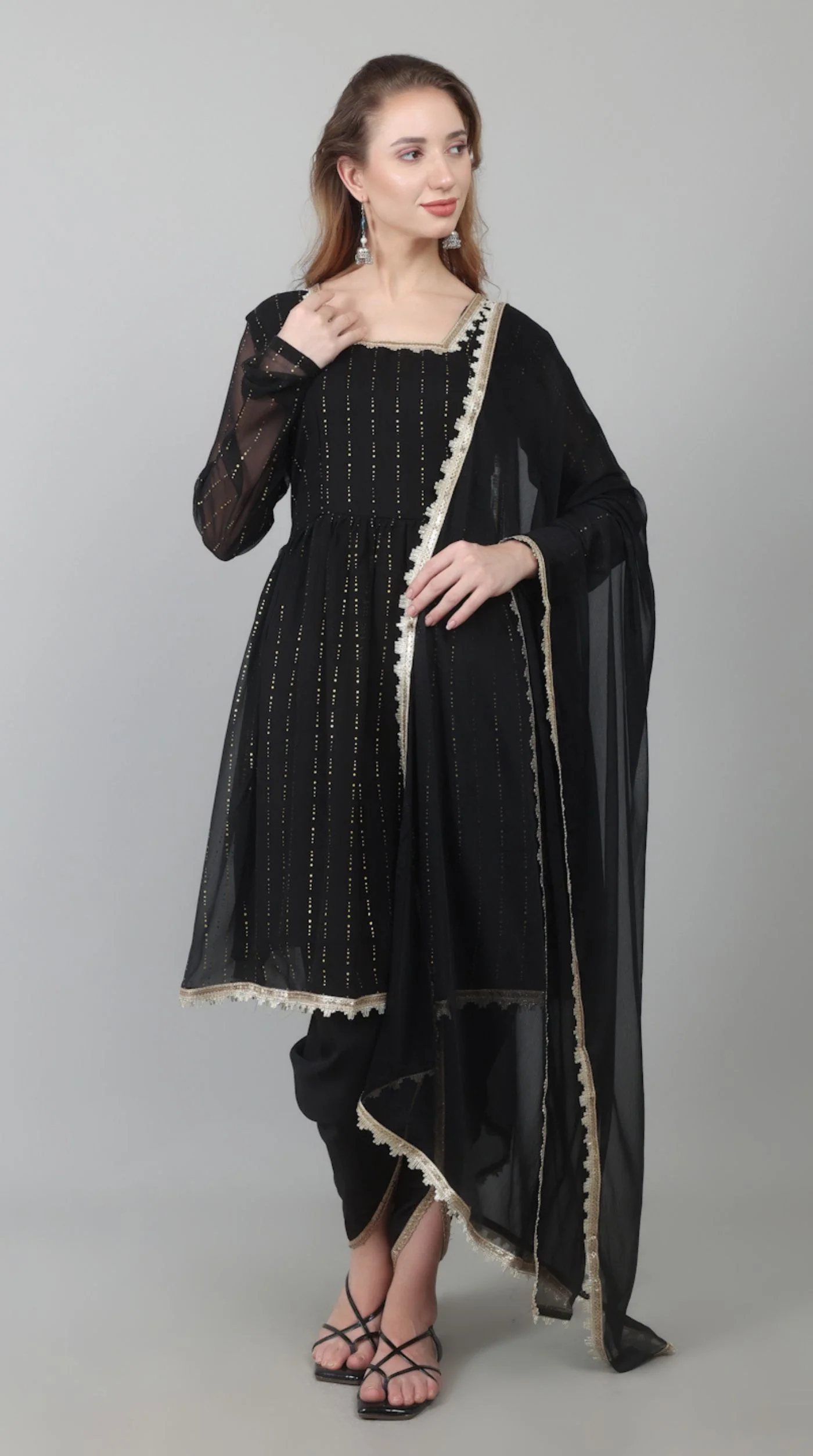 Black Georgette Lurex Peplum Suit Set - Image 2