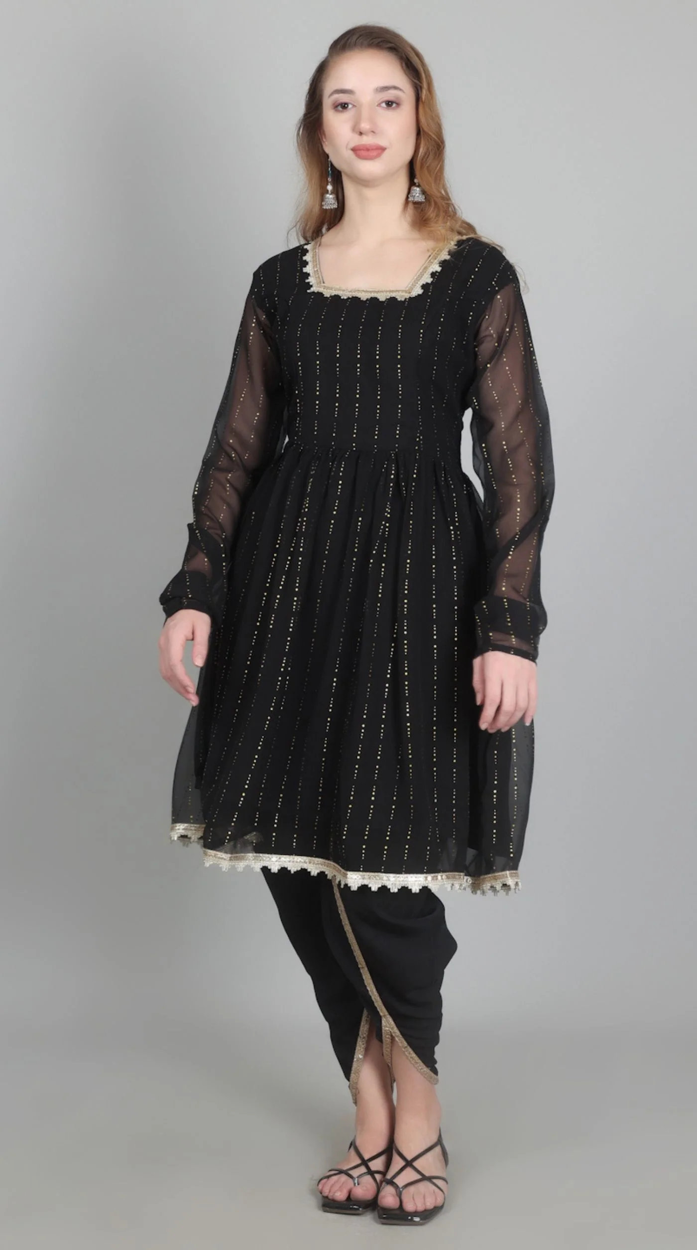 Black Georgette Lurex Peplum Suit Set - Image 3
