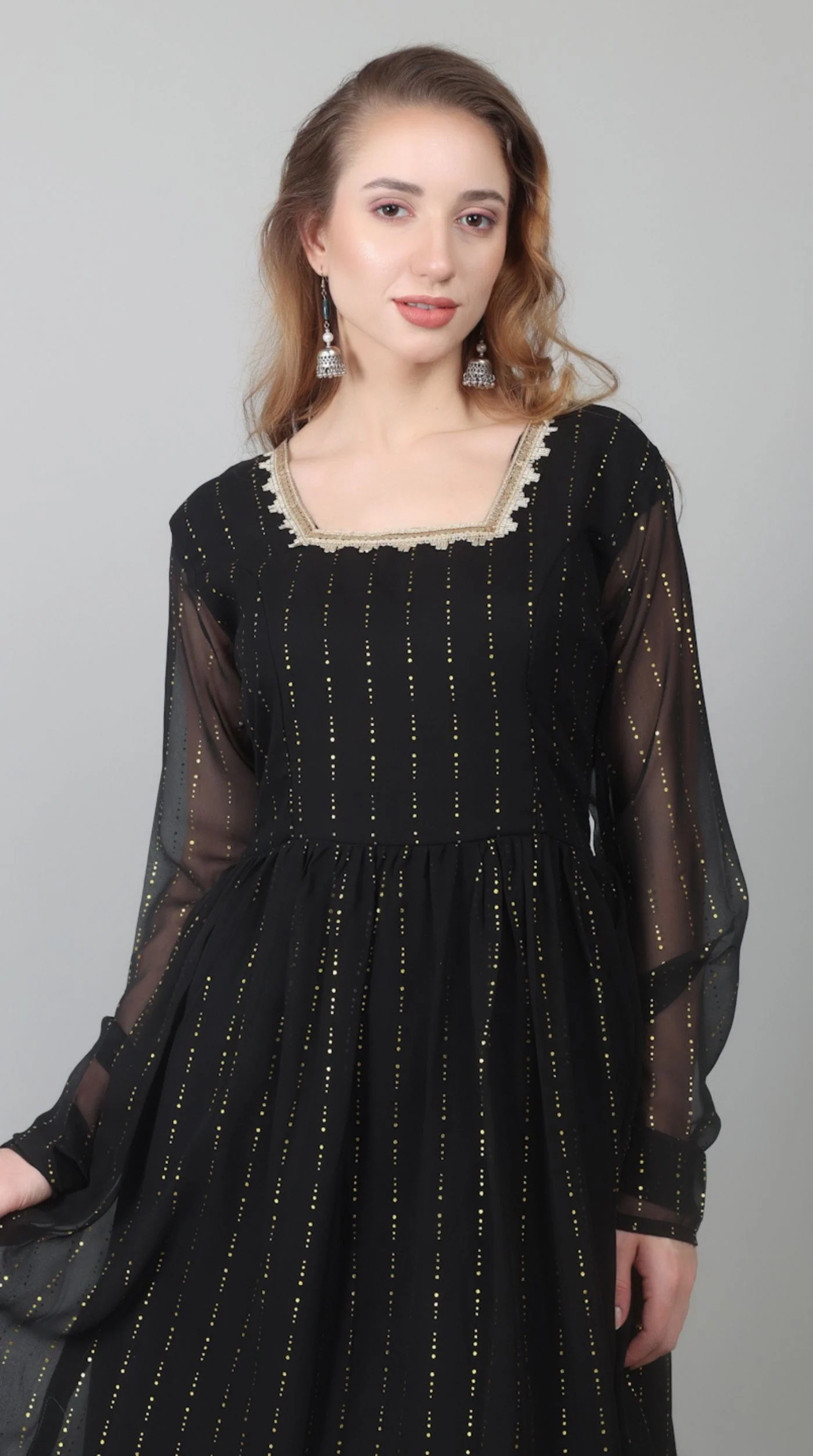 Black Georgette Lurex Peplum Suit Set - Image 4