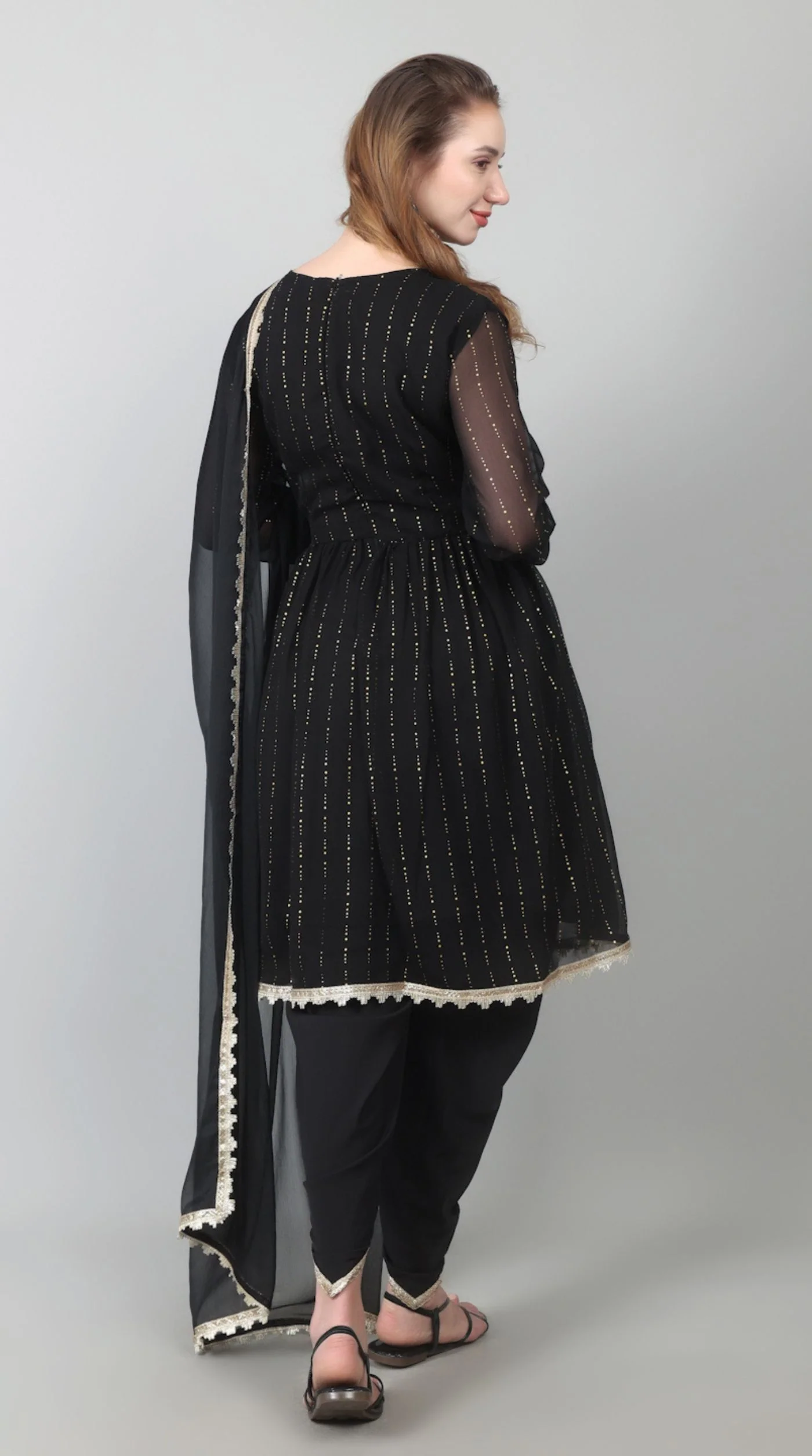 Black Georgette Lurex Peplum Suit Set - Image 5