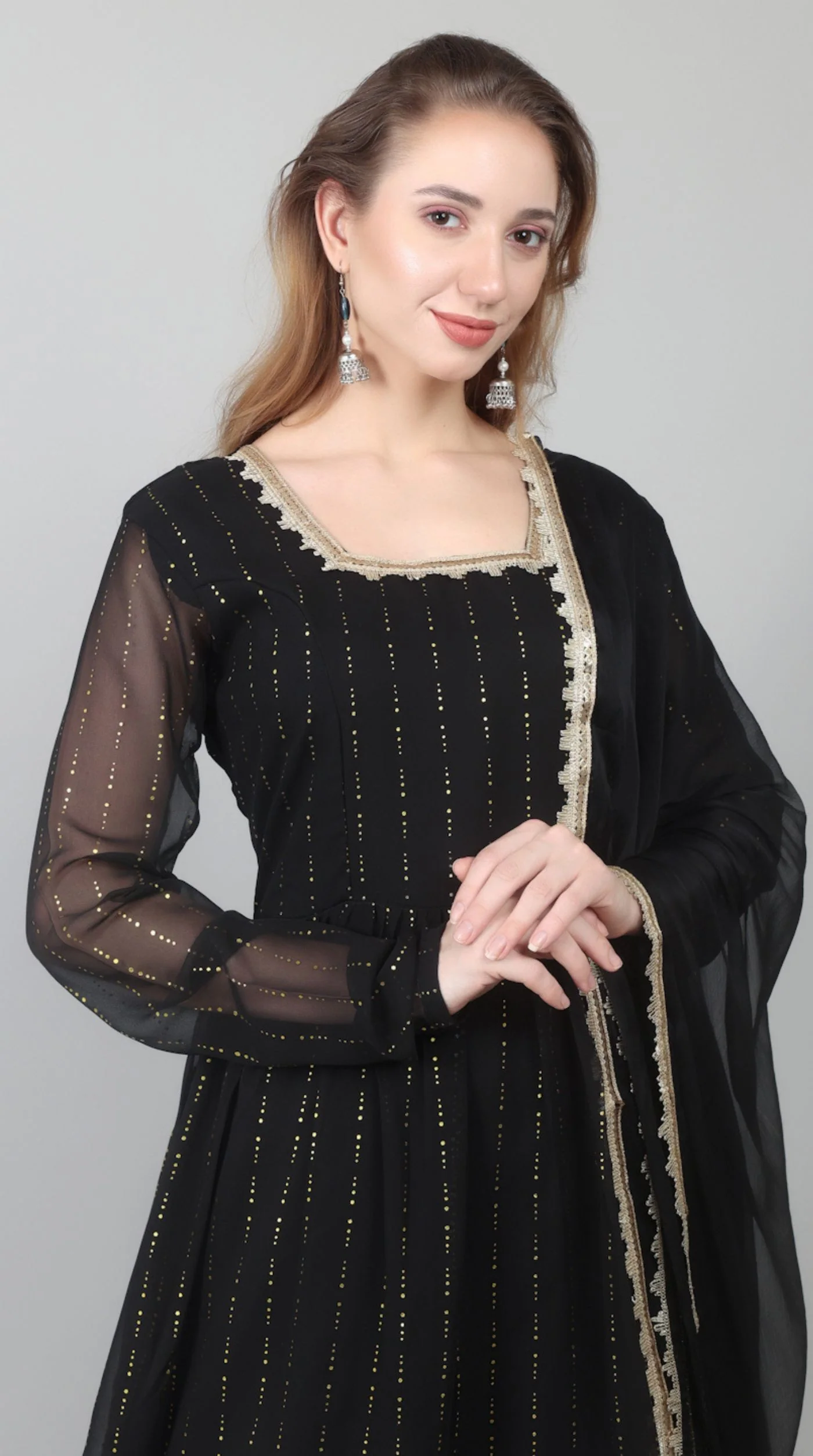 Black Georgette Lurex Peplum Suit Set - Image 6
