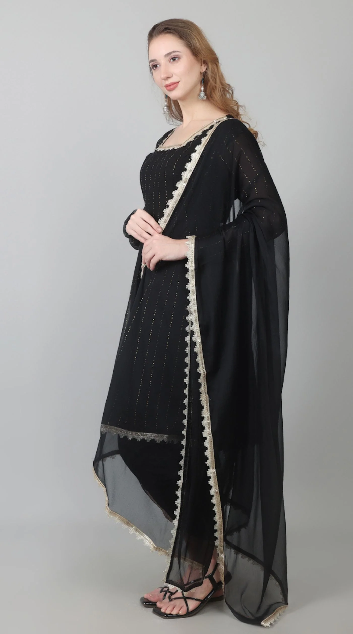 Black Georgette Lurex Peplum Suit Set - Image 7