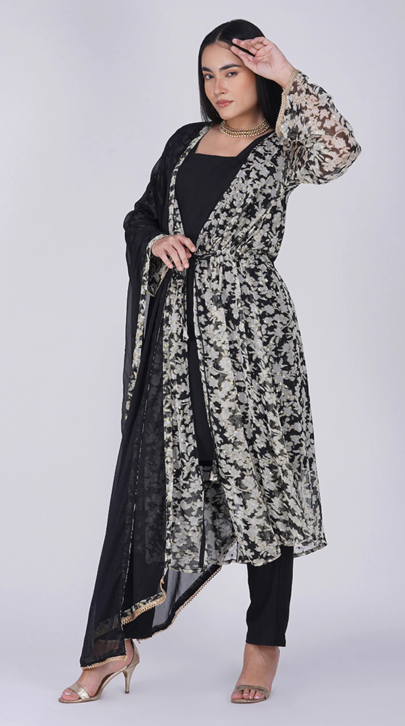 Black Georgette Lurex Print Jacket  Style Suit Set - Image 2