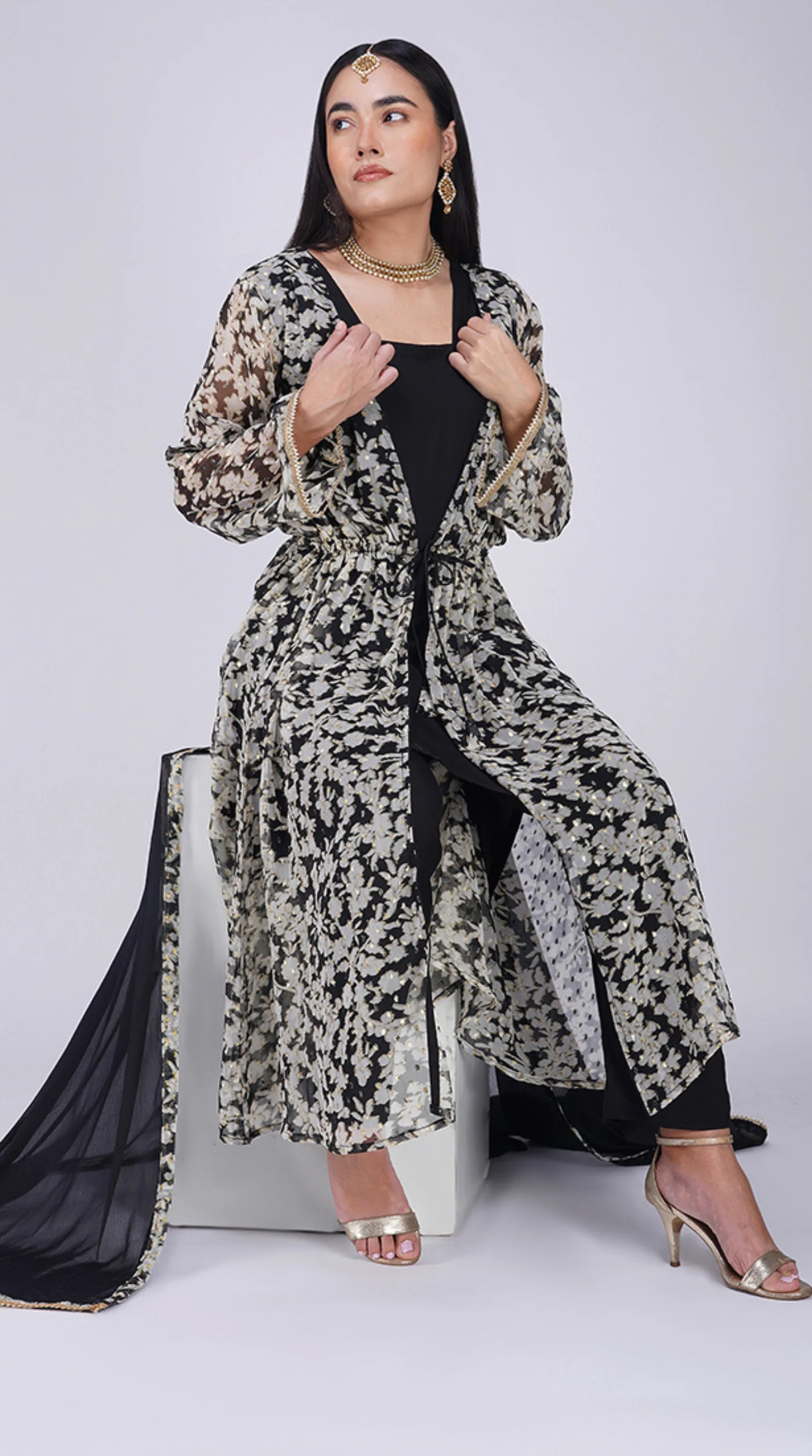 Black Georgette Lurex Print Jacket  Style Suit Set - Image 3