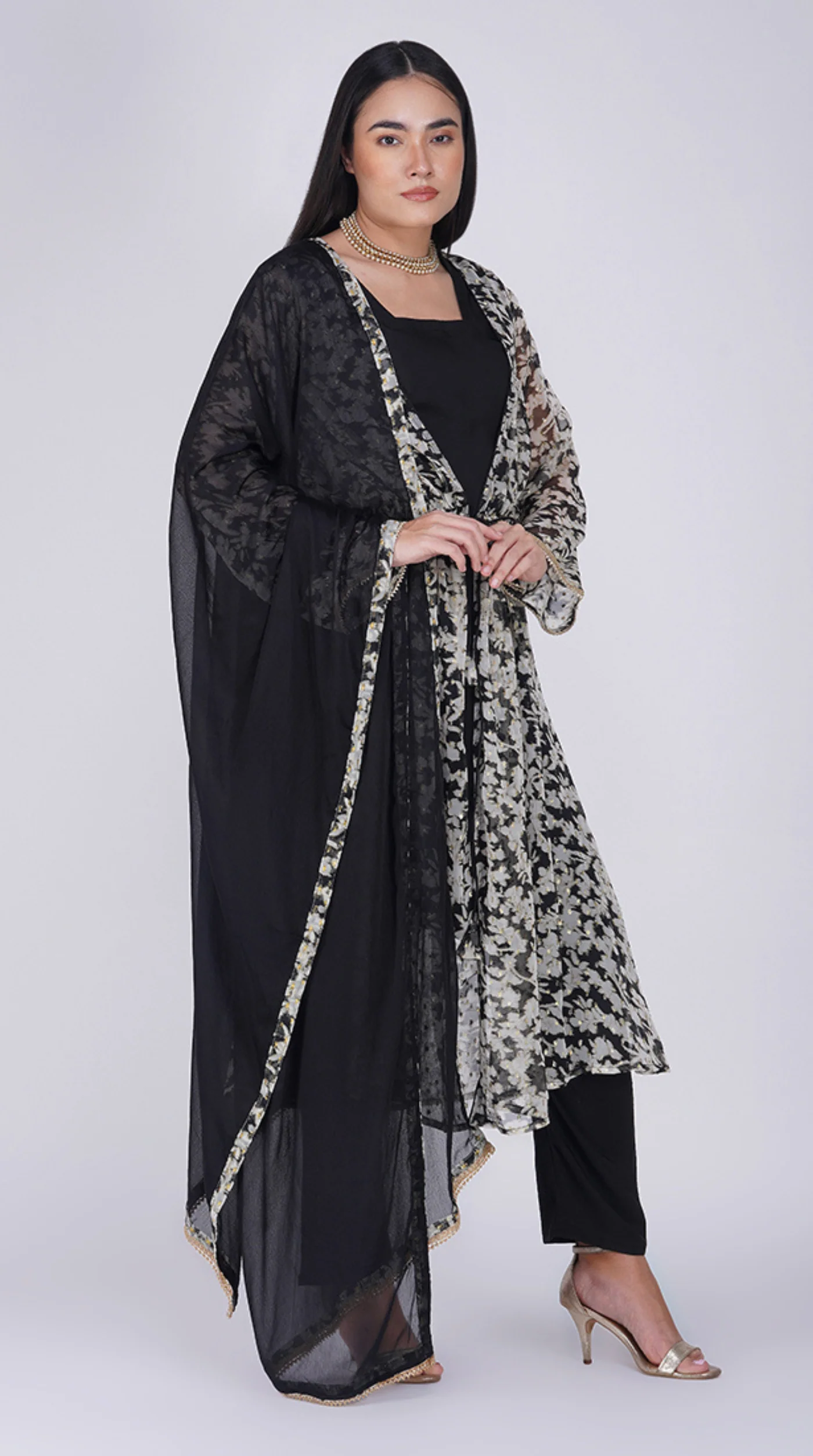 Black Georgette Lurex Print Jacket  Style Suit Set - Image 4