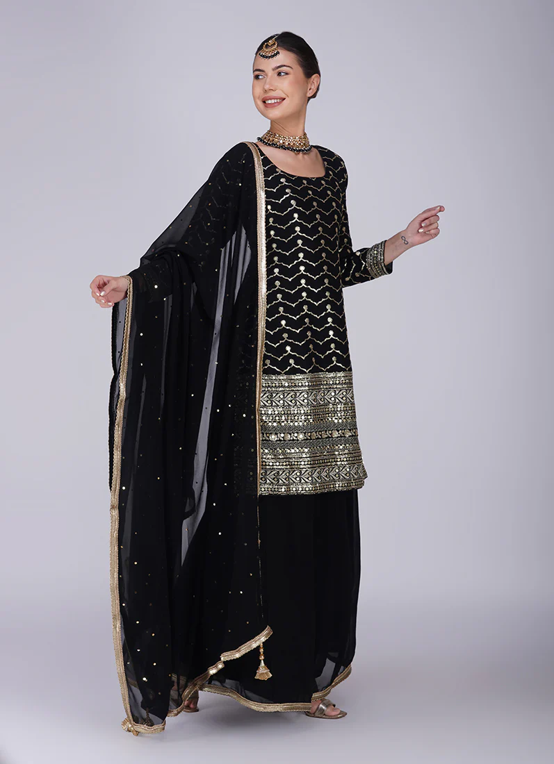 Black Georgette Machine Sequin Embroidered Suit - Image 2