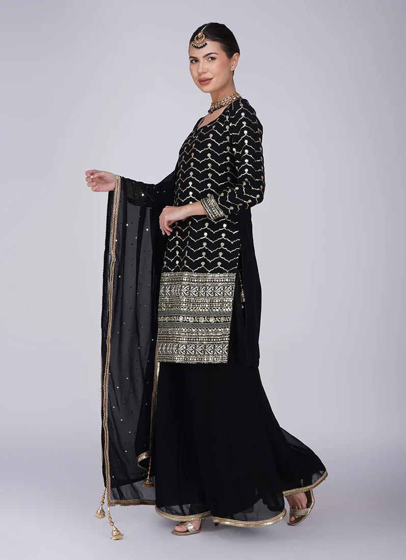 Black Georgette Machine Sequin Embroidered Suit - Image 3