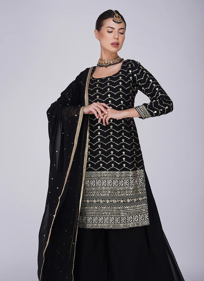 Black Georgette Machine Sequin Embroidered Suit - Image 5