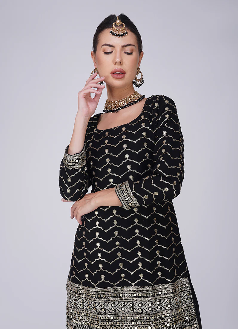 Black Georgette Machine Sequin Embroidered Suit - Image 6