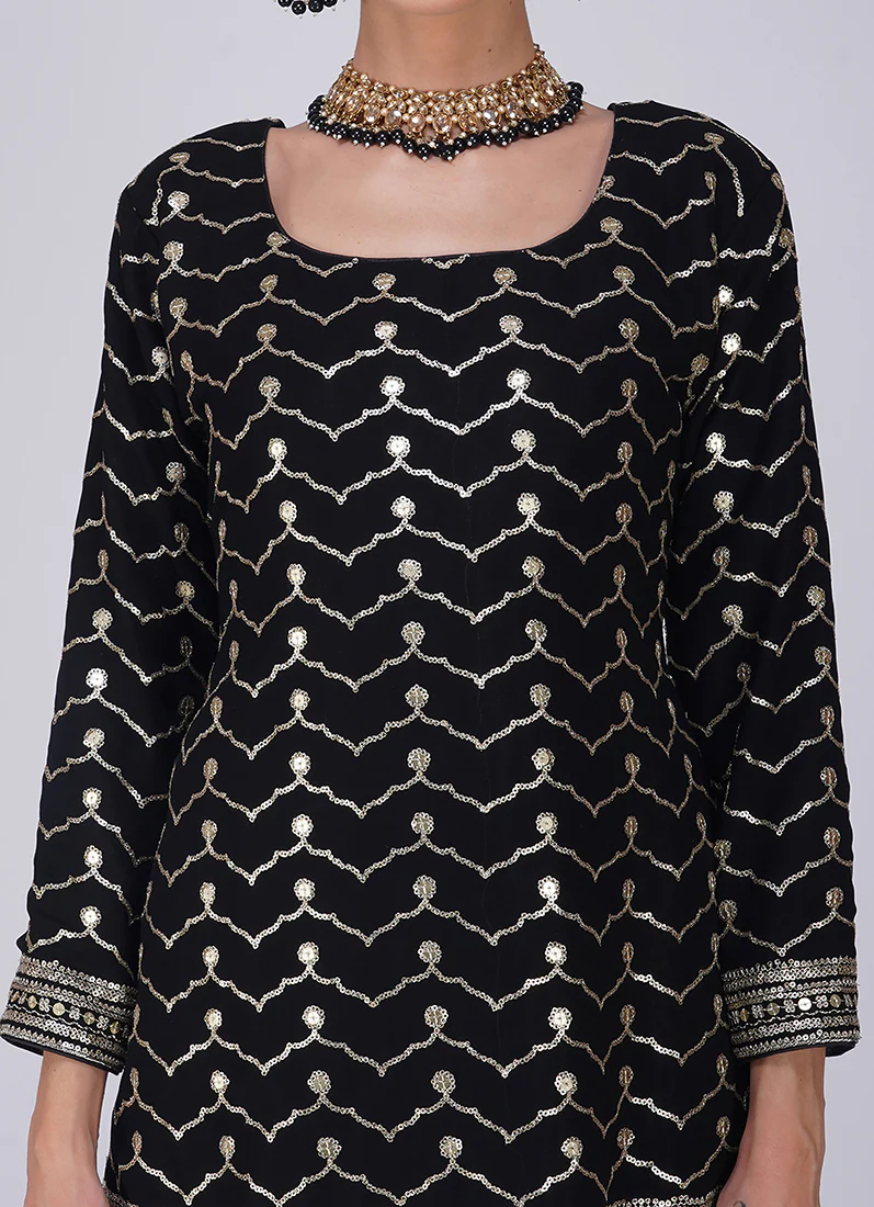 Black Georgette Machine Sequin Embroidered Suit - Image 7
