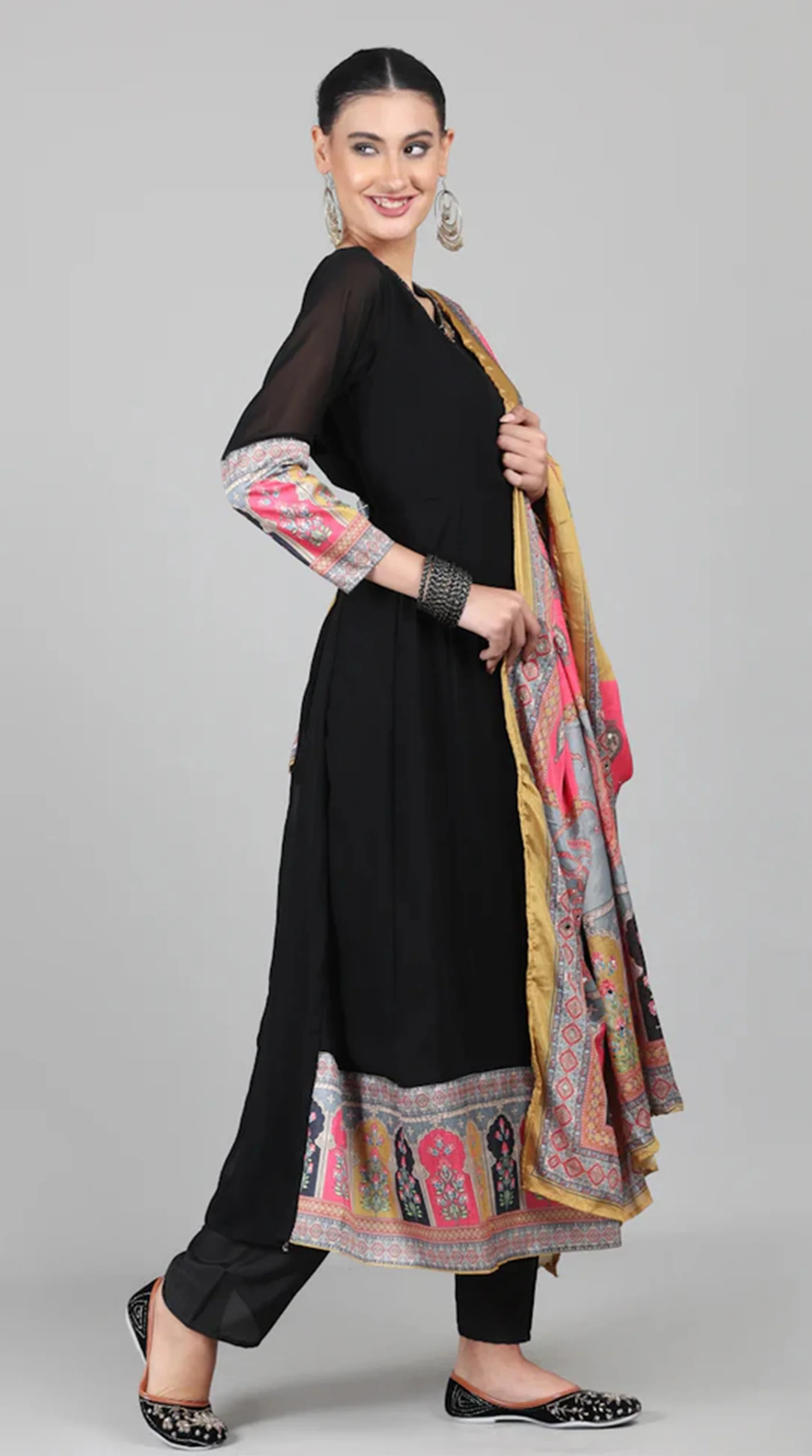 Black Georgette Multicolour Printed Duaptta Suit Set - Image 3