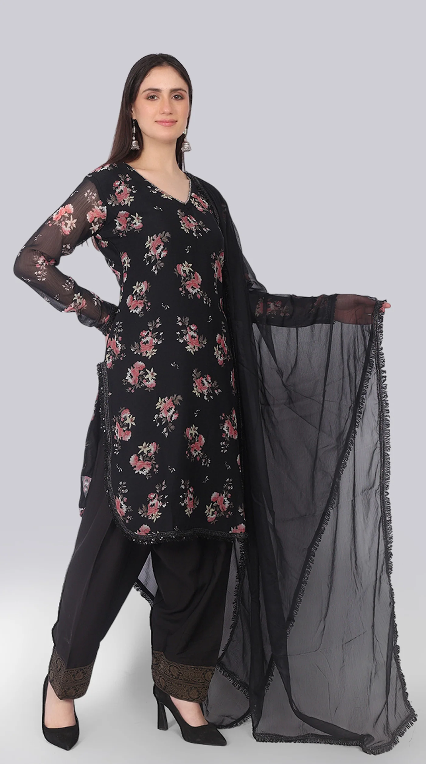 Black Georgette Pearl Embellished Shift Suit Set - Image 2