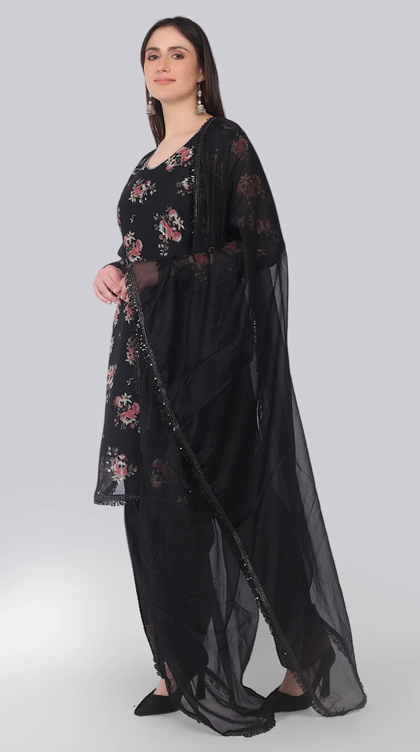 Black Georgette Pearl Embellished Shift Suit Set - Image 3