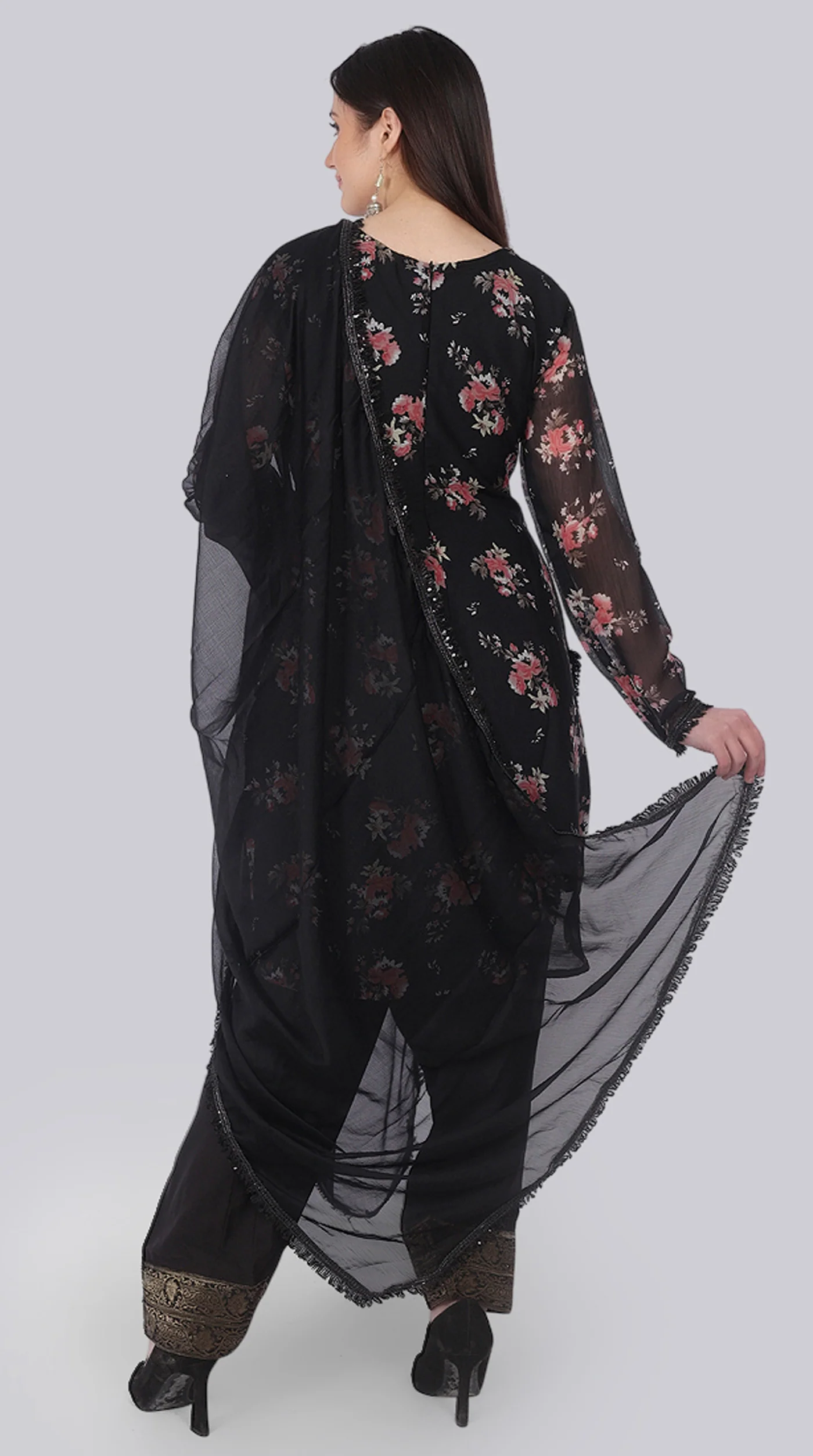Black Georgette Pearl Embellished Shift Suit Set - Image 4