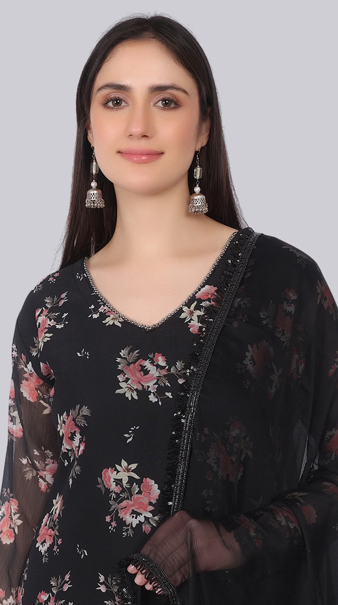 Black Georgette Pearl Embellished Shift Suit Set - Image 5