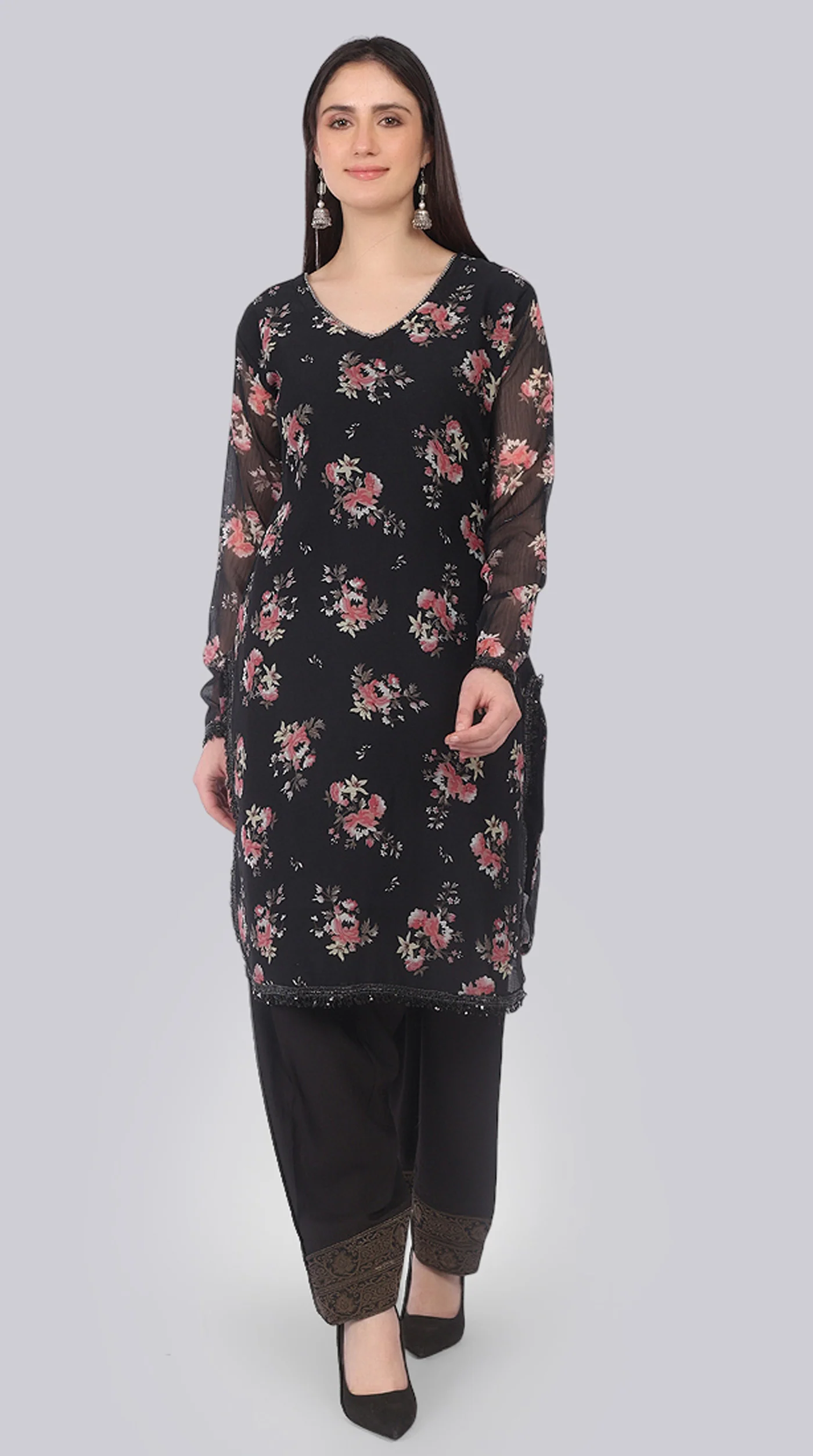 Black Georgette Pearl Embellished Shift Suit Set - Image 6