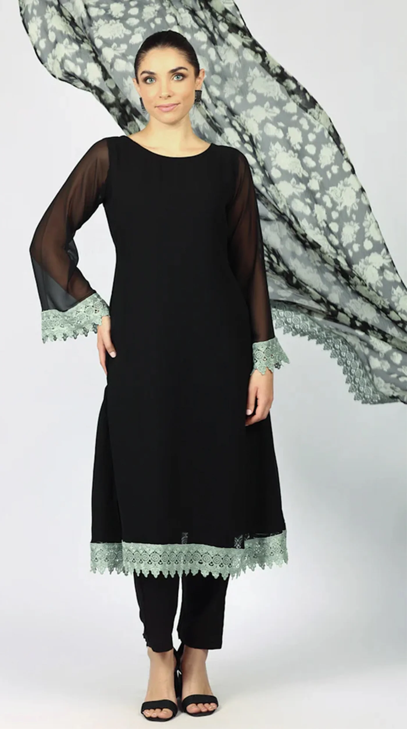 Black Georgette Printed Dupatta Suit Set - Image 3