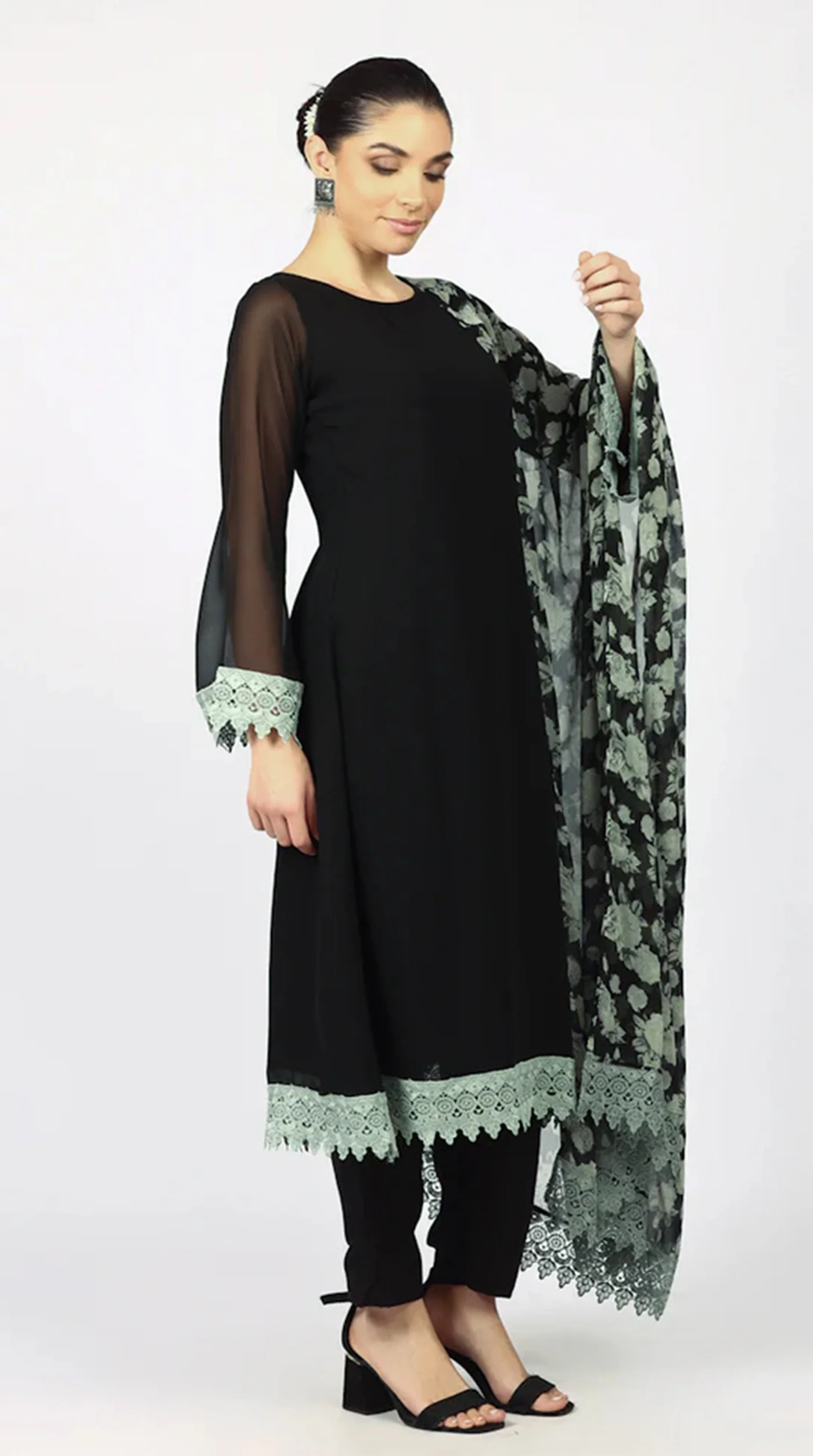 Black Georgette Printed Dupatta Suit Set - Image 6