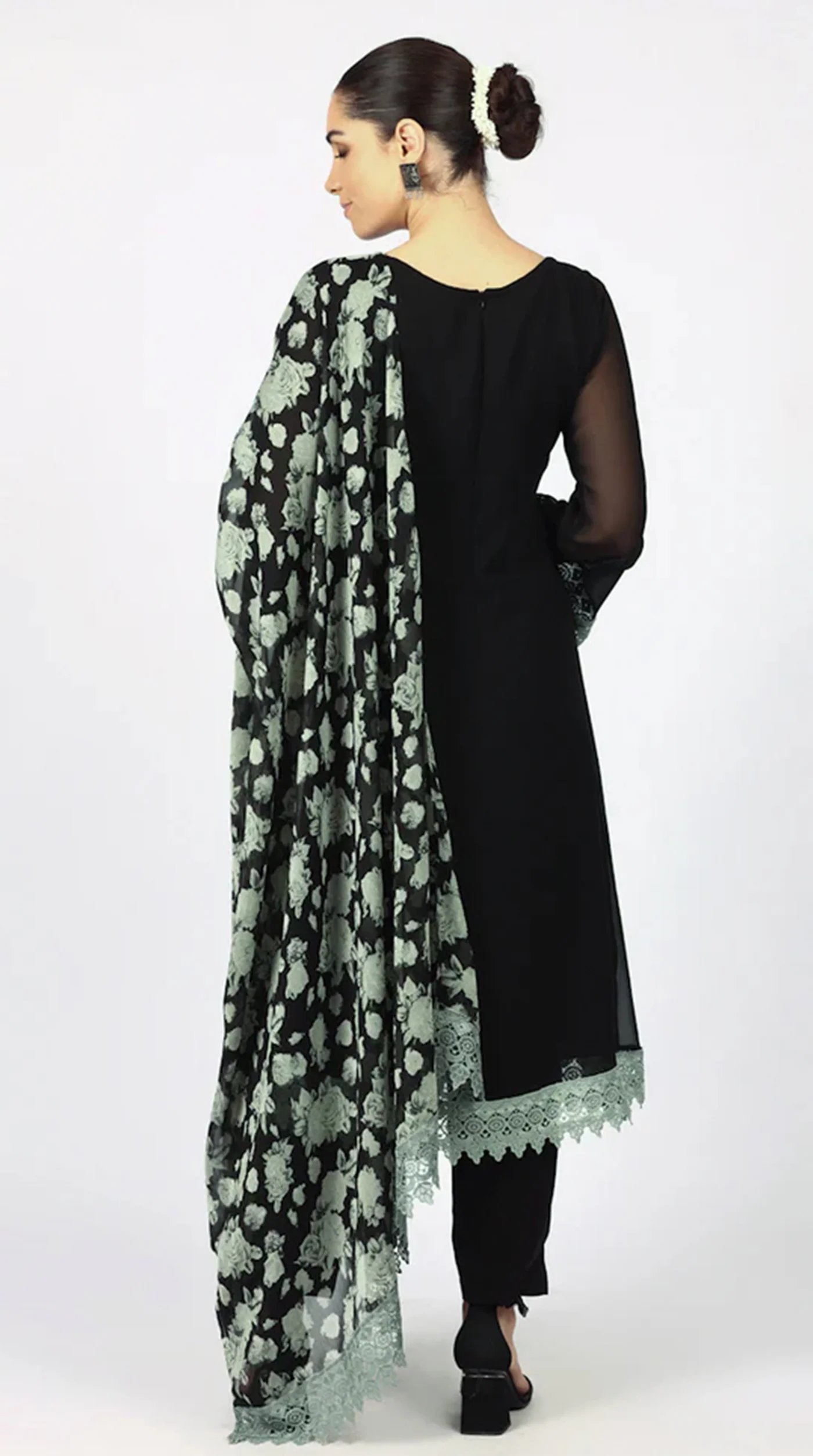 Black Georgette Printed Dupatta Suit Set - Image 8