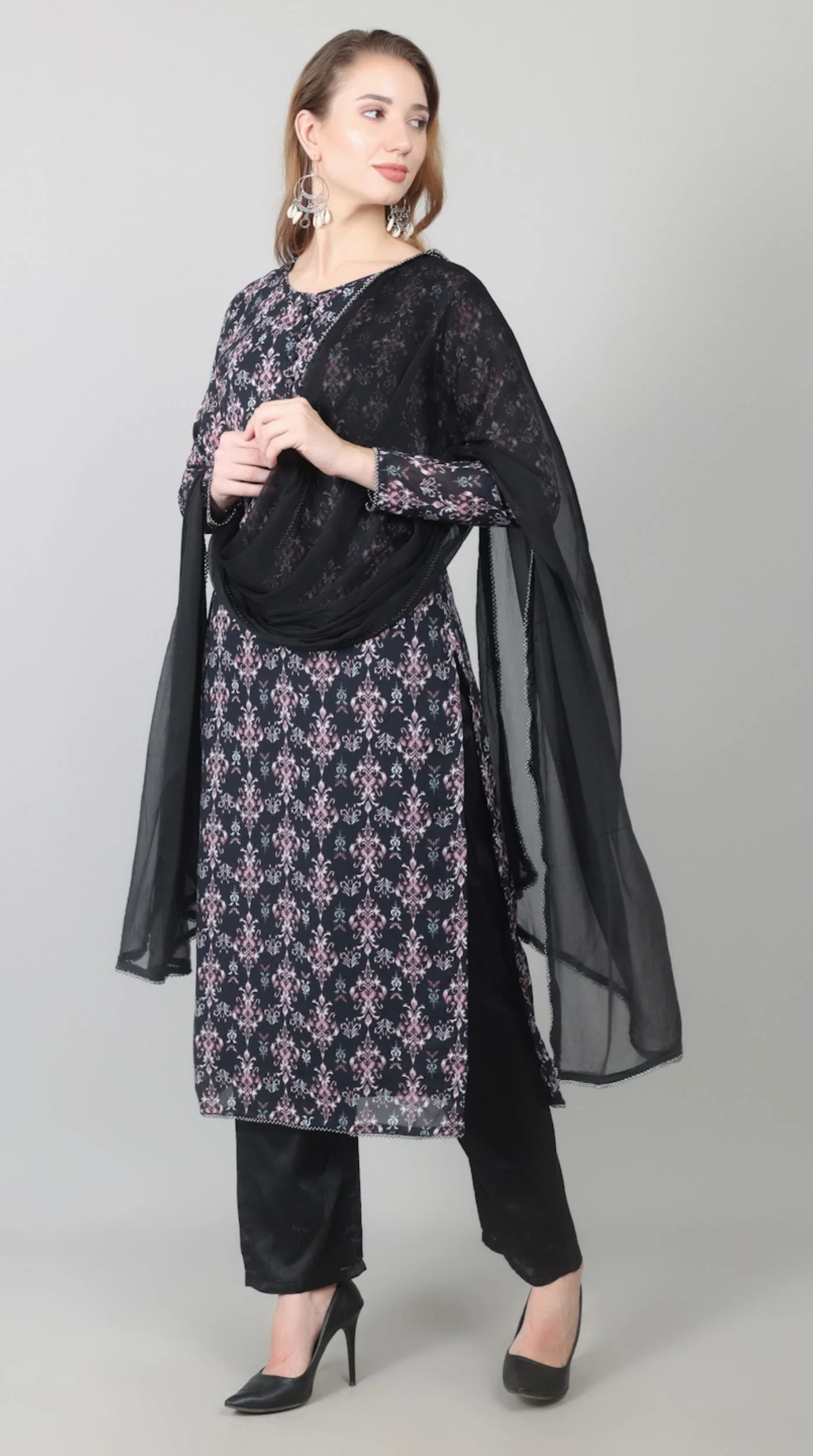 Black Georgette Printed Straight Suit Set - Image 2