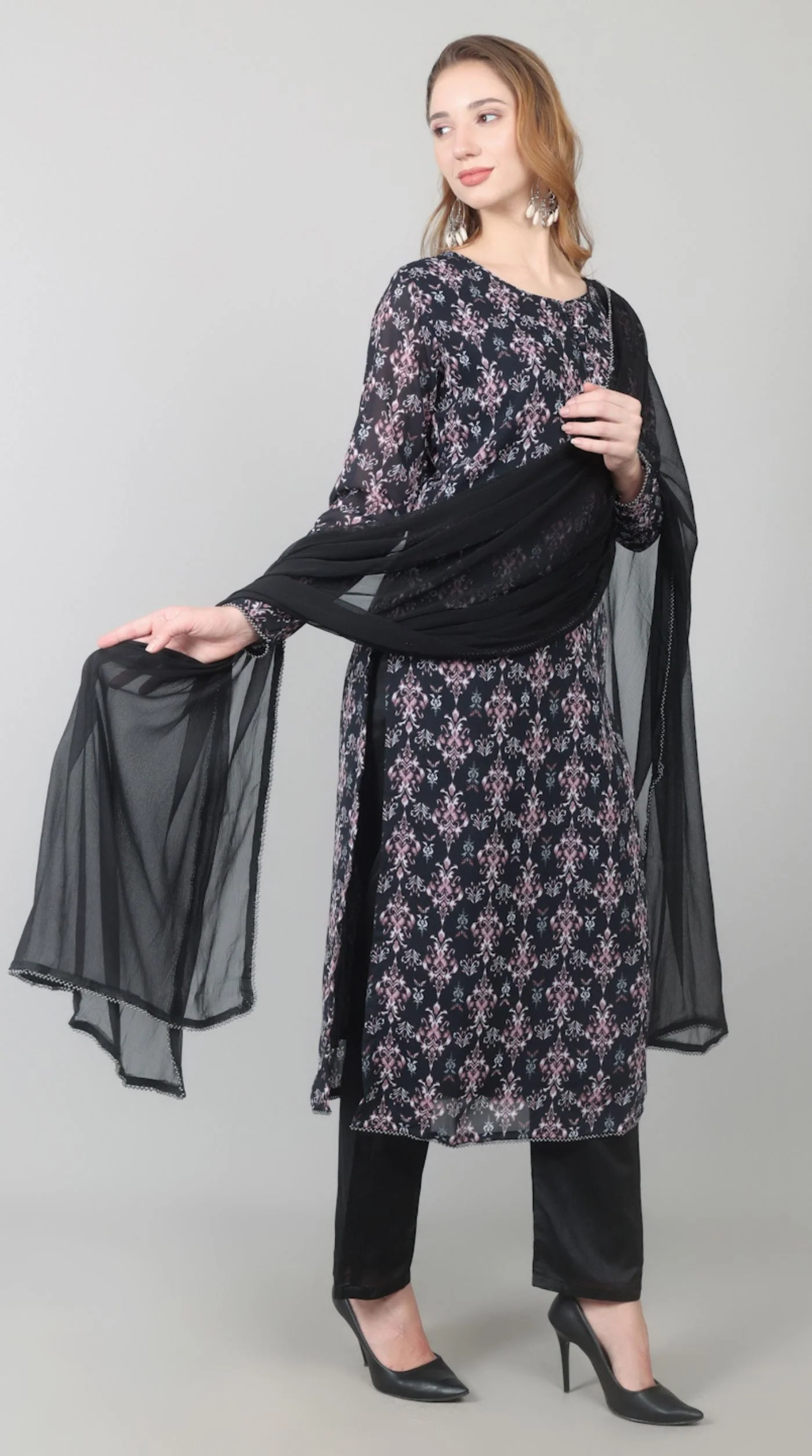 Black Georgette Printed Straight Suit Set - Image 3