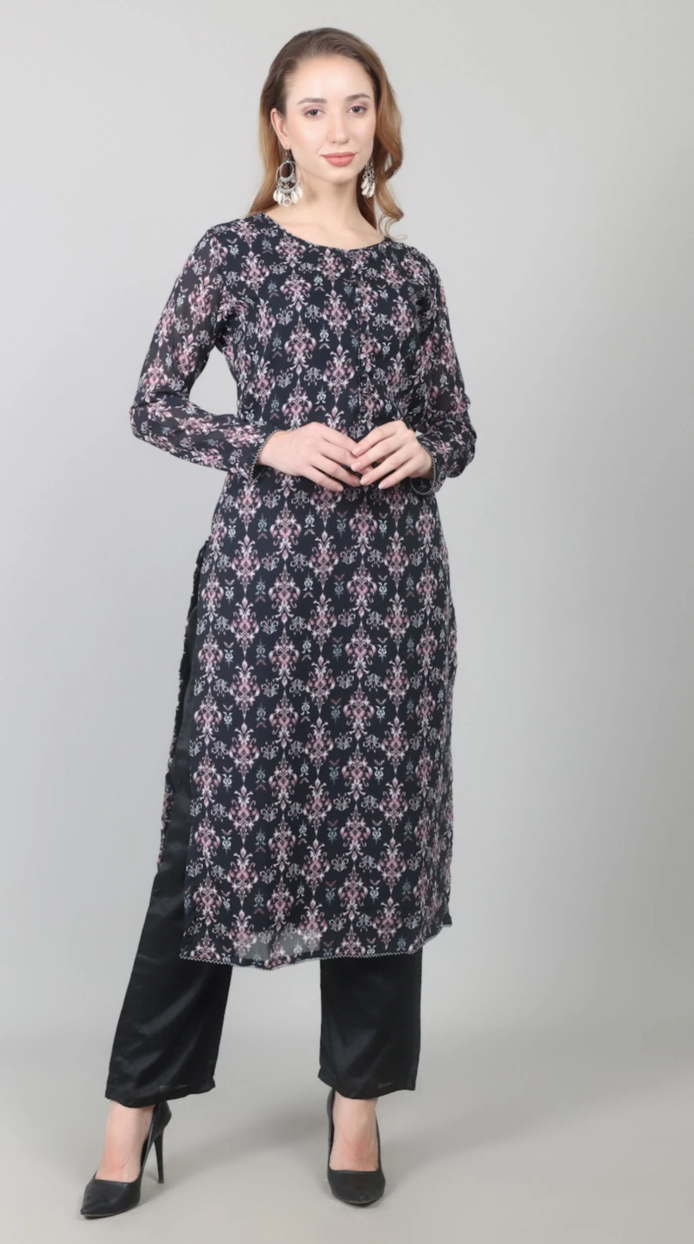 Black Georgette Printed Straight Suit Set - Image 4