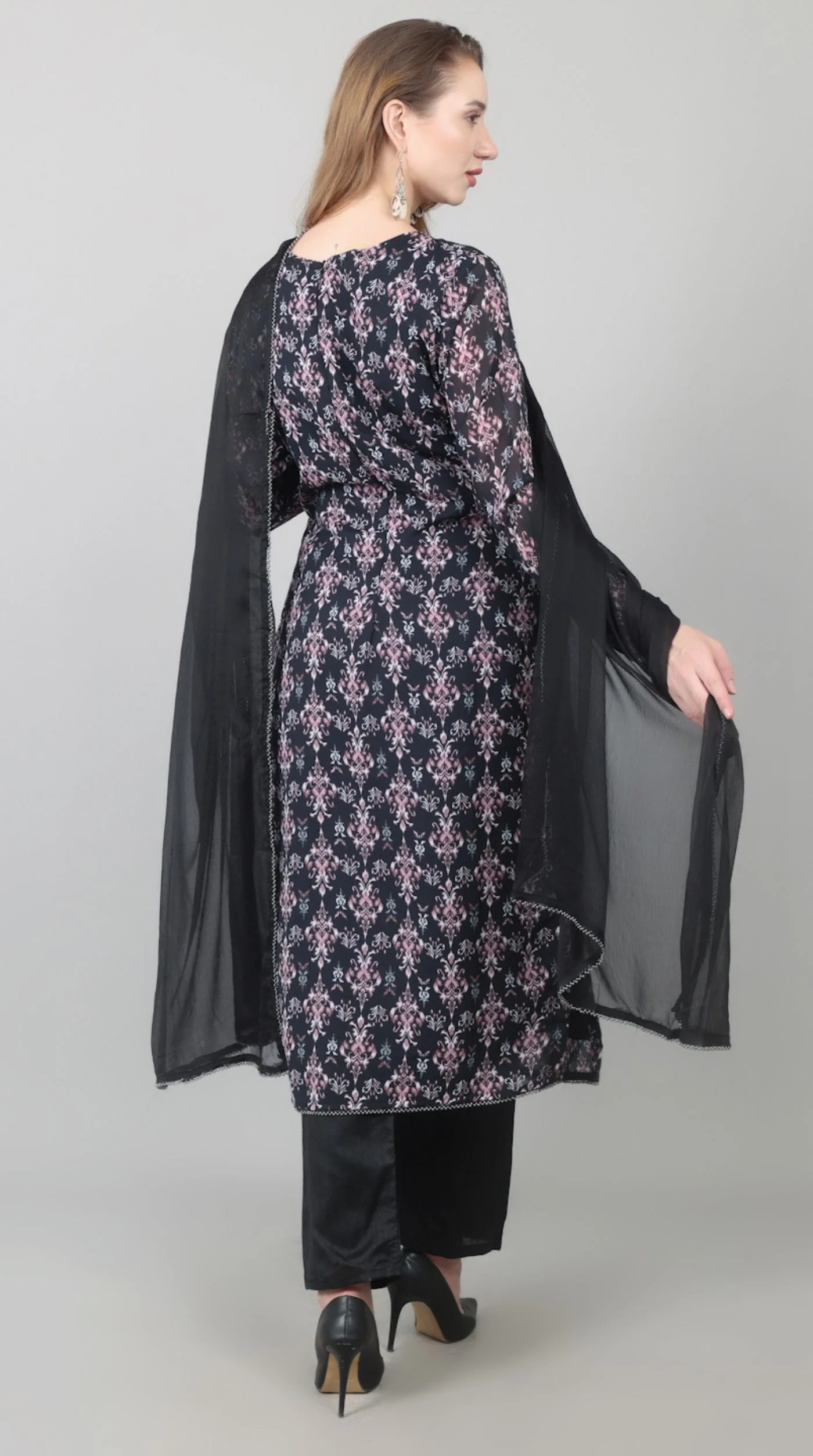 Black Georgette Printed Straight Suit Set - Image 8