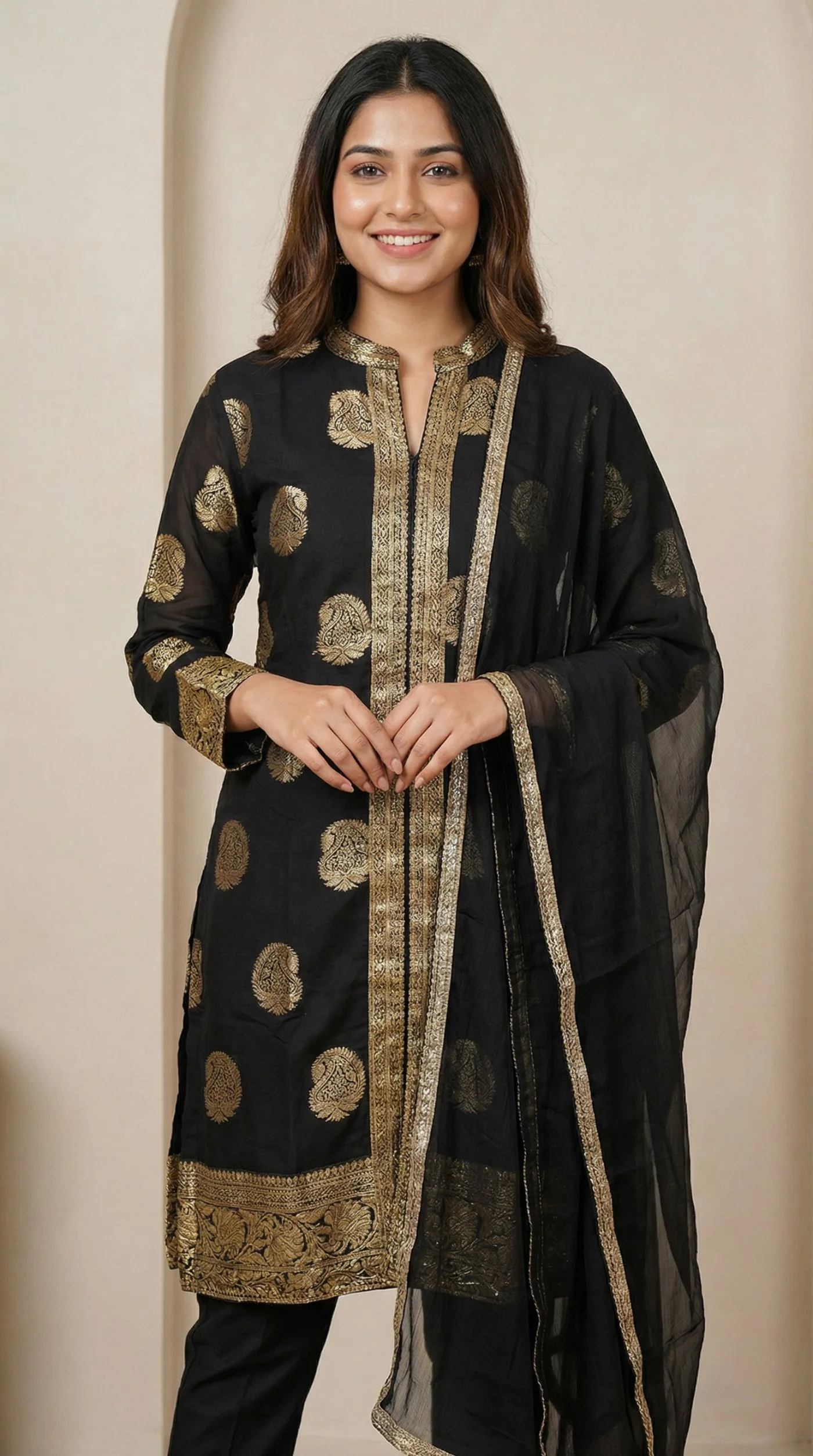 Black Jacket Style Shift Suit with Salwar & Chiffon Dupatta - Image 2